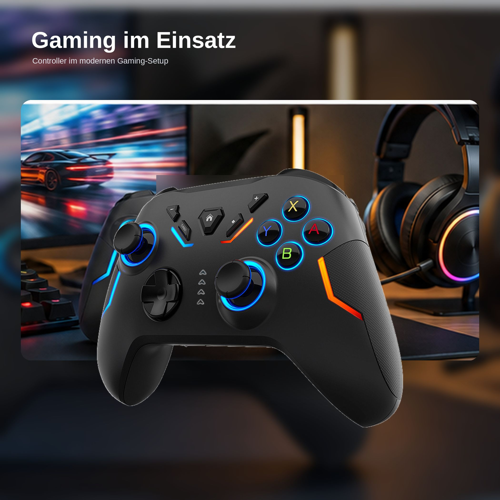 Ein schwarzer Gaming-Controller mit blau und orange leuchtenden Lichtern vor einem verschwommenen Hintergrund mit Rennspiel.