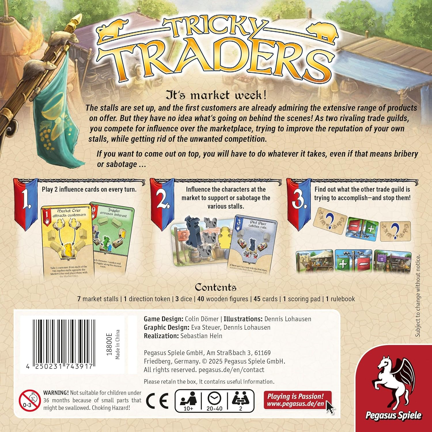 Die Rückseite der Spieleschachtel Tricky Traders mit Spielschritten, Inhalt und Spieldetails.