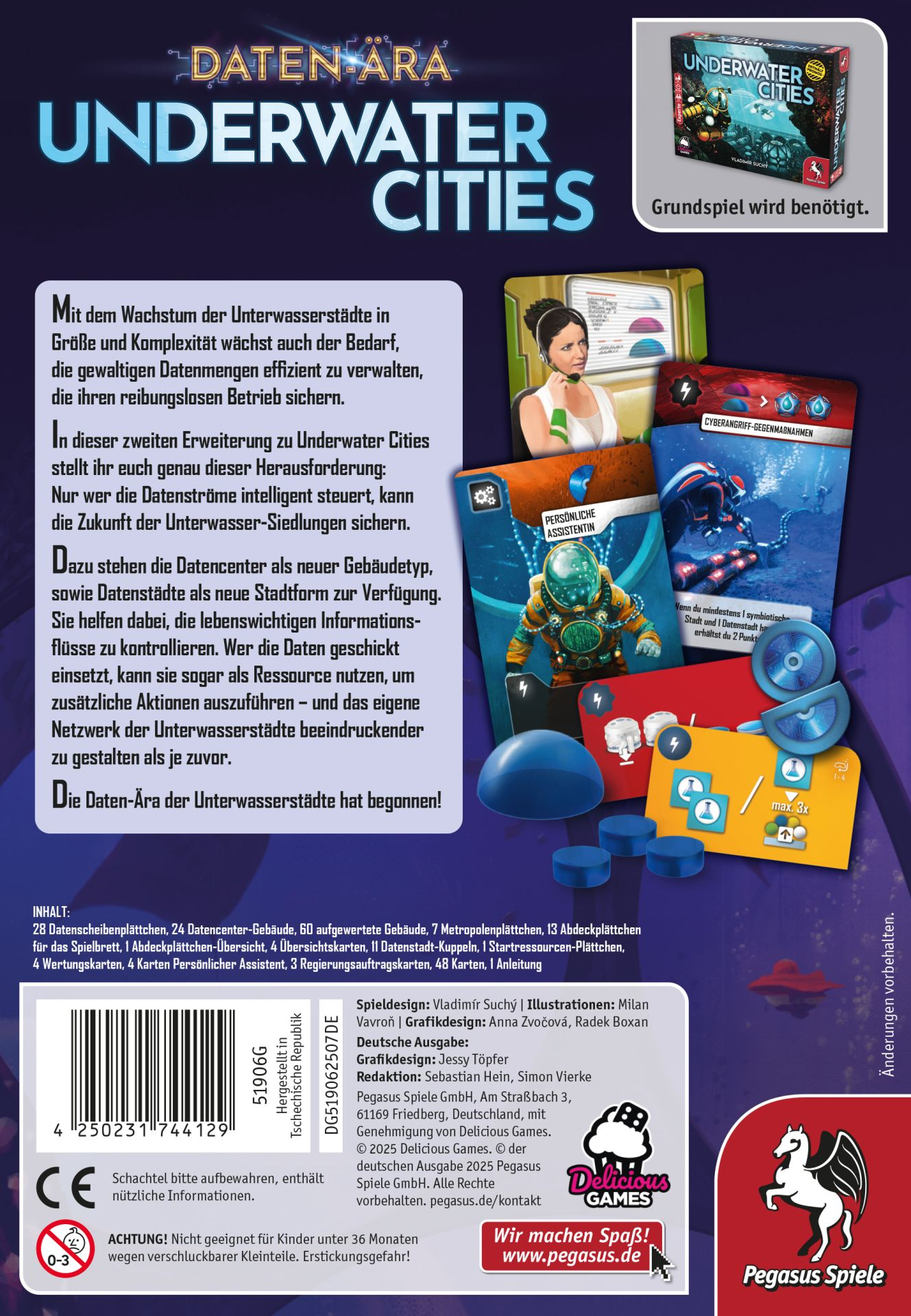 Brettspiel-Werbung für Underwater Cities mit Karten, Miniaturen, Text und Firmenlogos vor dunklem Hintergrund.