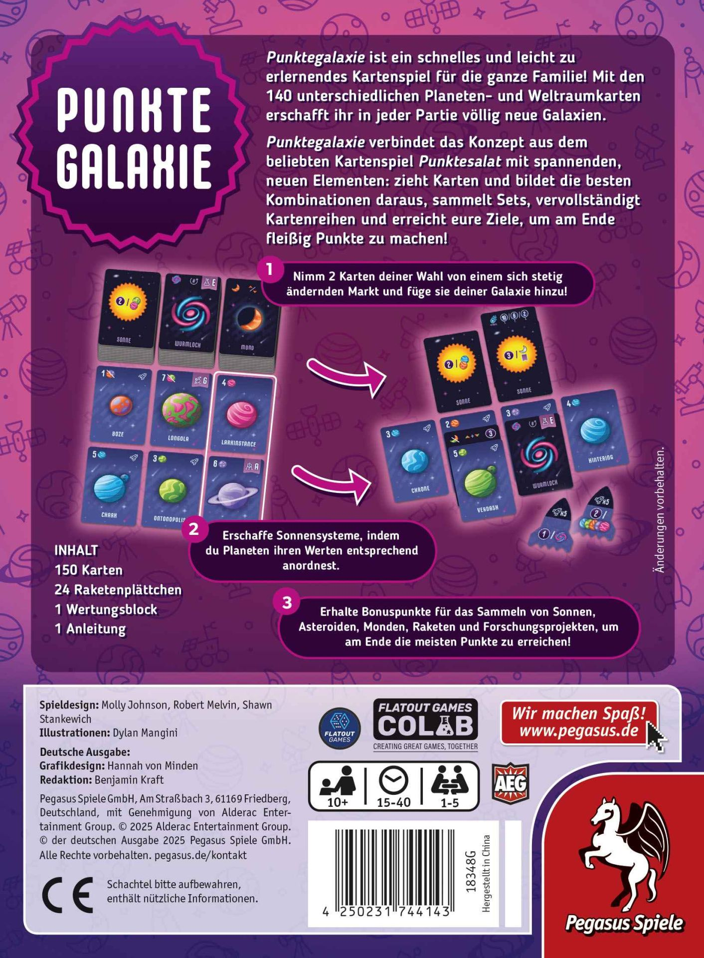 Rückseite des Kartenspiels 'Punktegalaxie' mit Spielregeln, Inhaltsangabe und bunten Weltraum-Karten auf lila Grund.