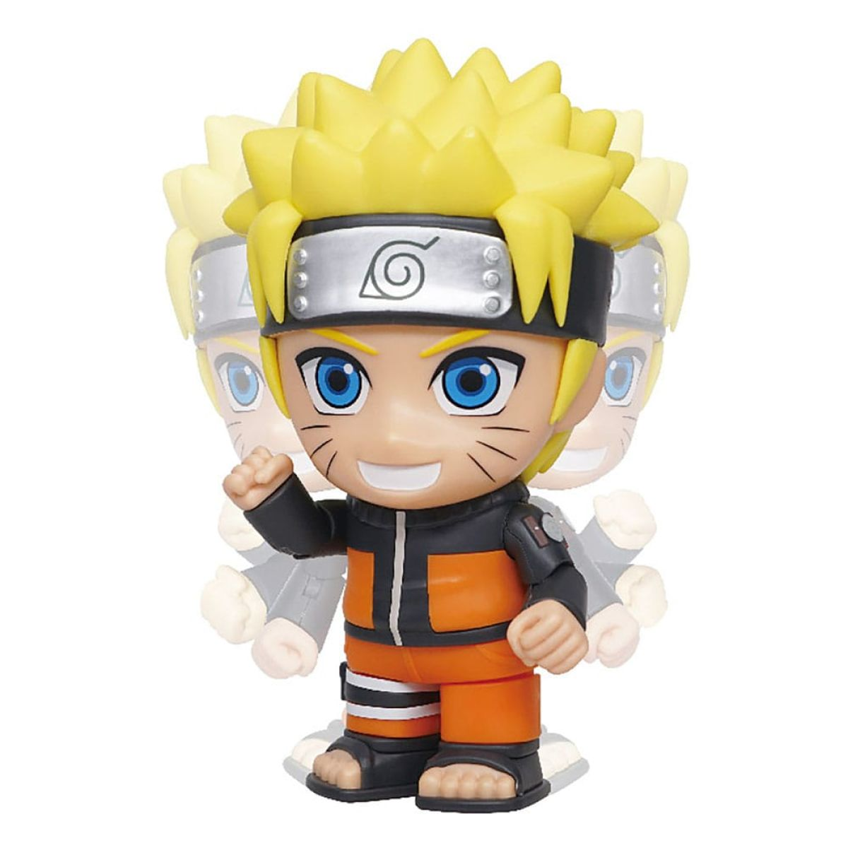 Eine Naruto Uzumaki Actionfigur mit blondem Haar und blauem Stirnband vor zweifach verschwommenem Hintergrund.