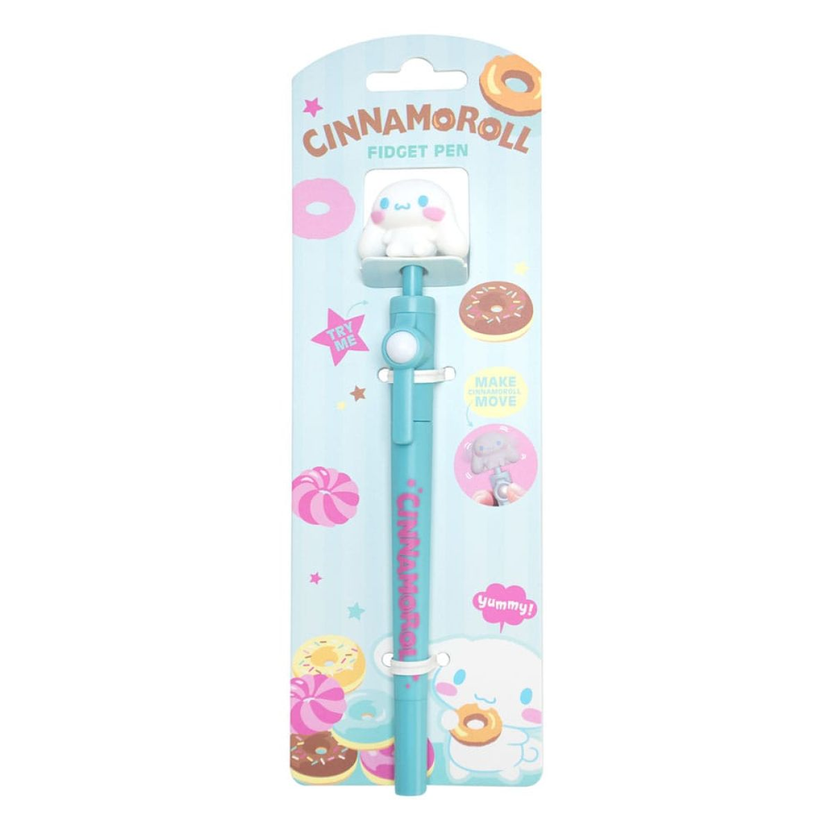 Hellblauer Cinnamoroll Fidget-Stift in Verpackung mit Donut-Motiven.