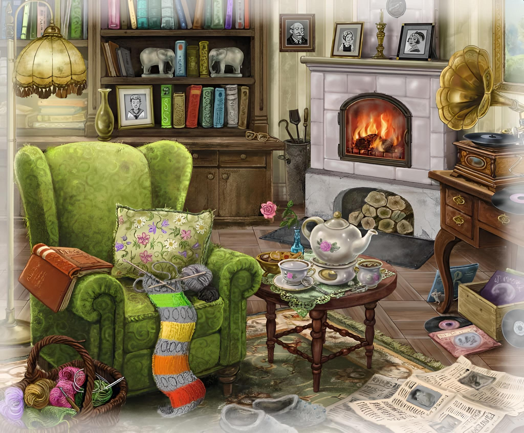 Ein gemütliches Zimmer mit grünem Sessel, Kamin, Bücherregal und Teetisch mit farbigem Strickzeug.