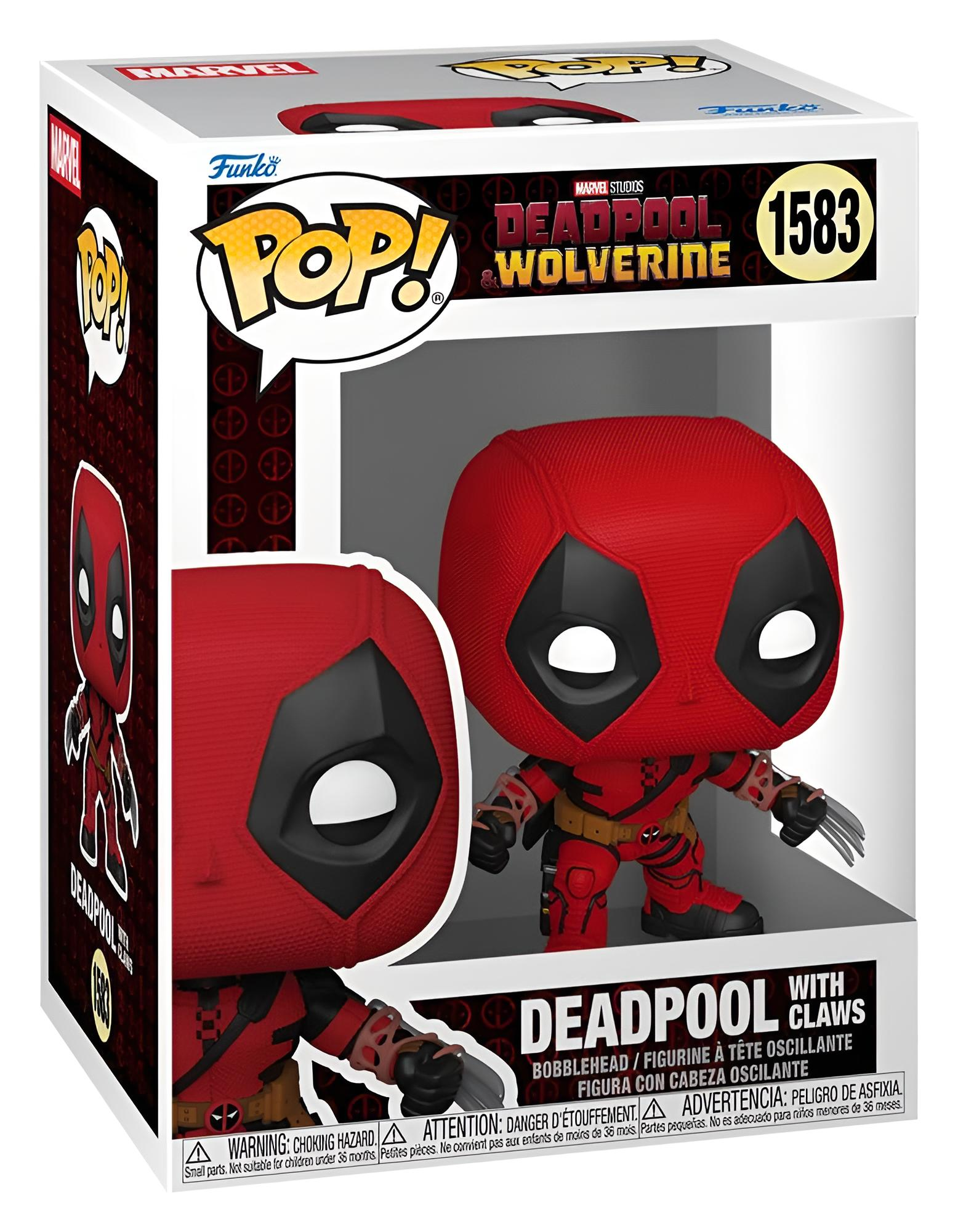 Figura coleccionable Funko Pop de Deadpool con garras en su caja.