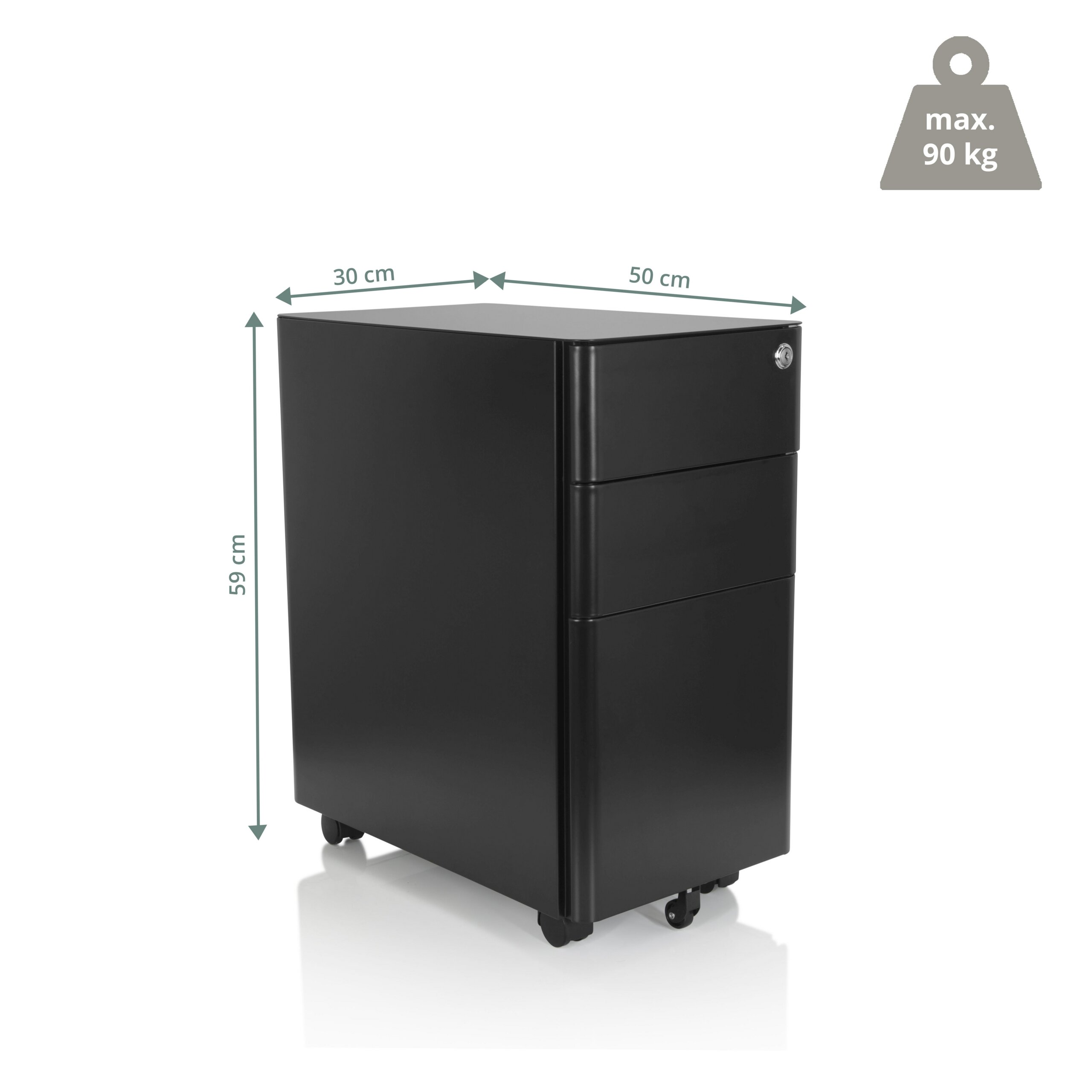 Schwarzer Rollcontainer mit drei Schubladen und Maßen von 30x50x59 cm, max. Tragkraft 90 kg.