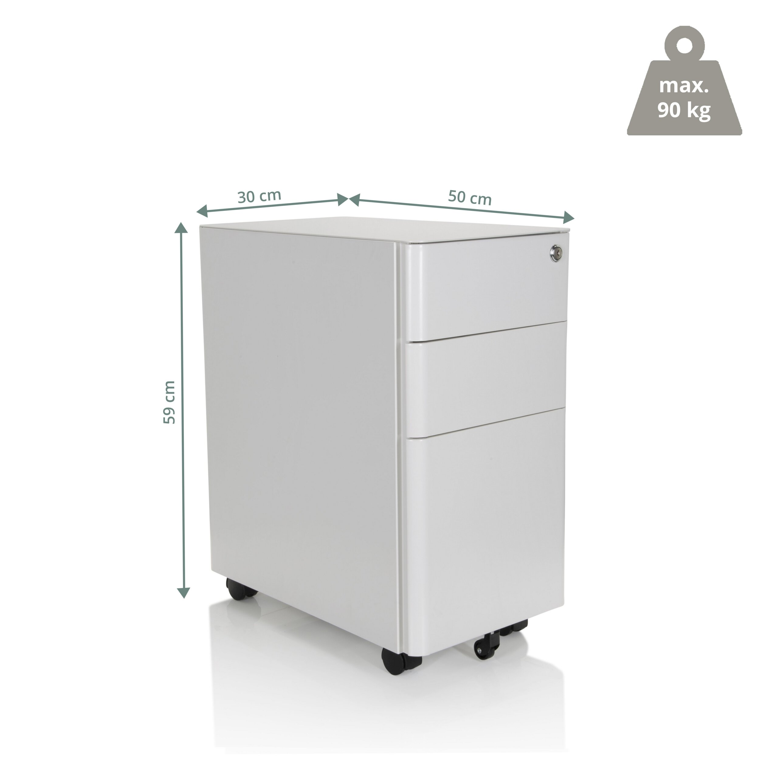 Grauer Rollcontainer mit drei Schubladen, Schloss und Massangaben von 30x50x59 cm sowie 90 kg Gewichtslimit.