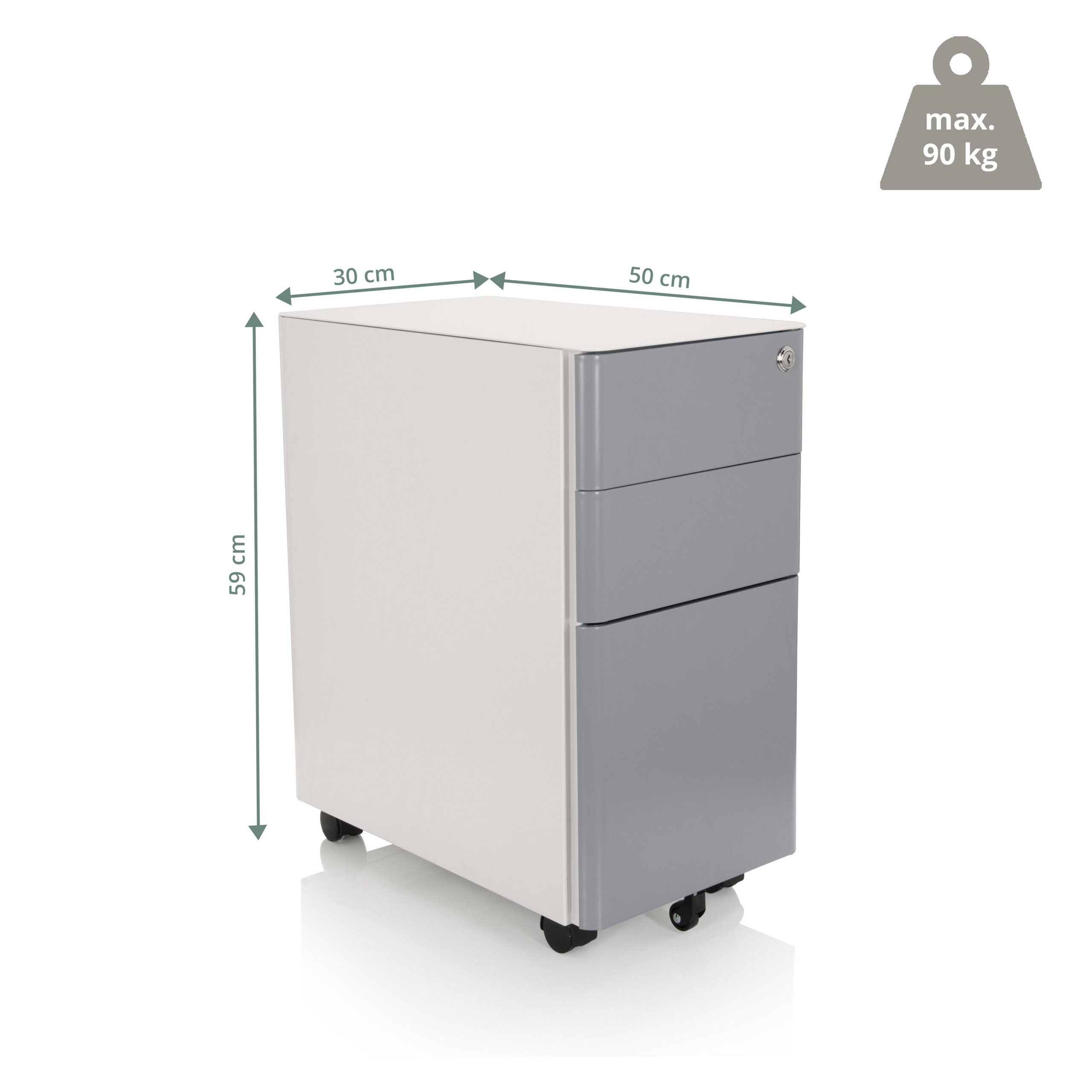 Grauer und weißer Rollcontainer mit Maßen und Gewichtslimit.