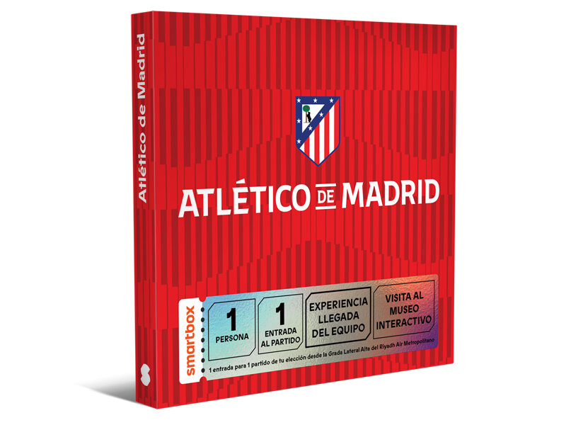 Caja Smartbox roja de Atlético de Madrid con escudo, texto y gráfico de entrada para experiencia de partido.