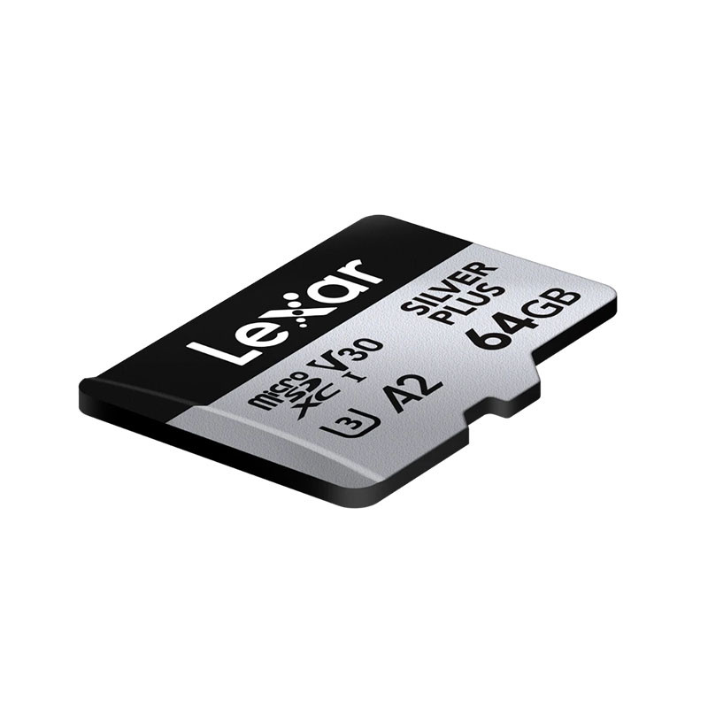 Karta microSD Lexar 64GB Silver Plus na białym tle.