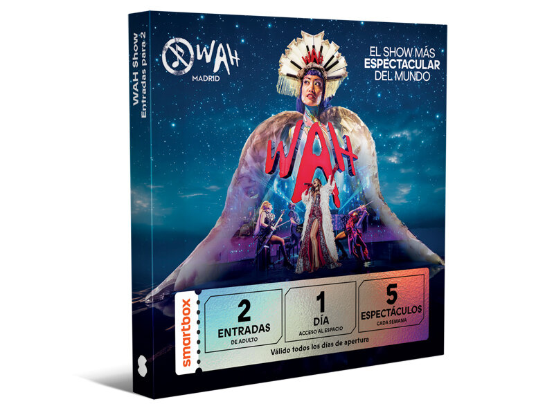 Caja regalo para el espectáculo WAH Madrid con artista ante cielo estrellado e iconos de entradas.