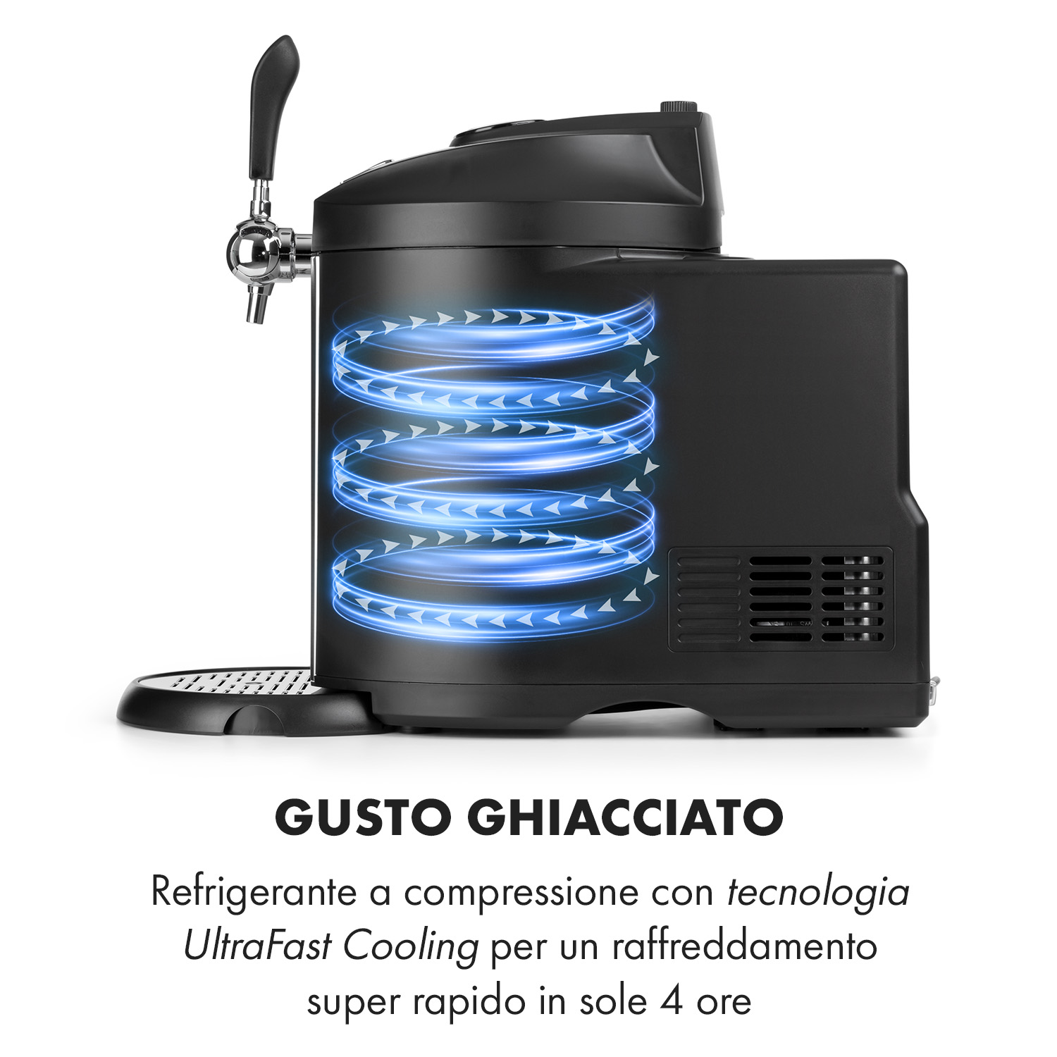 Spillatore di birra nero con grafico a spirale blu luminoso e testo in italiano sotto su sfondo bianco.
