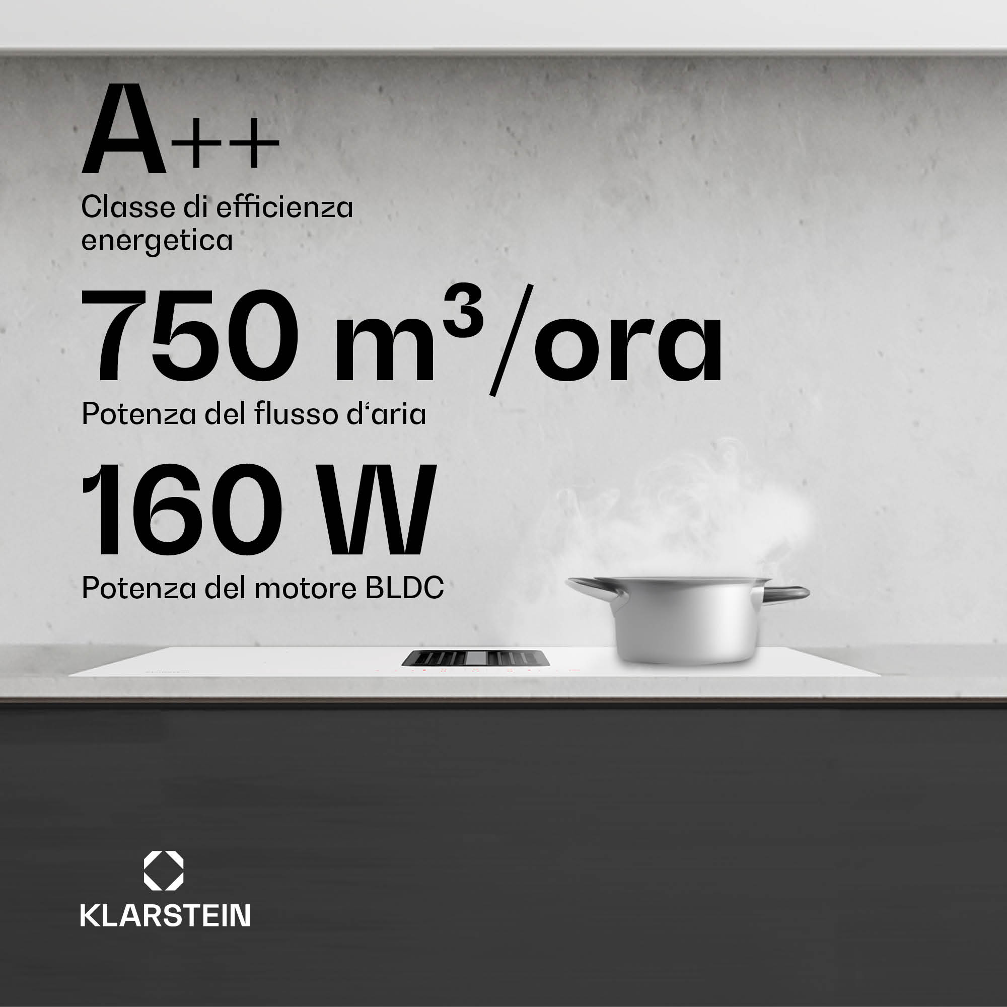 Klarstein Kochfeld mit Topf und techn Daten: A++, 750 m³/h, 160 W.