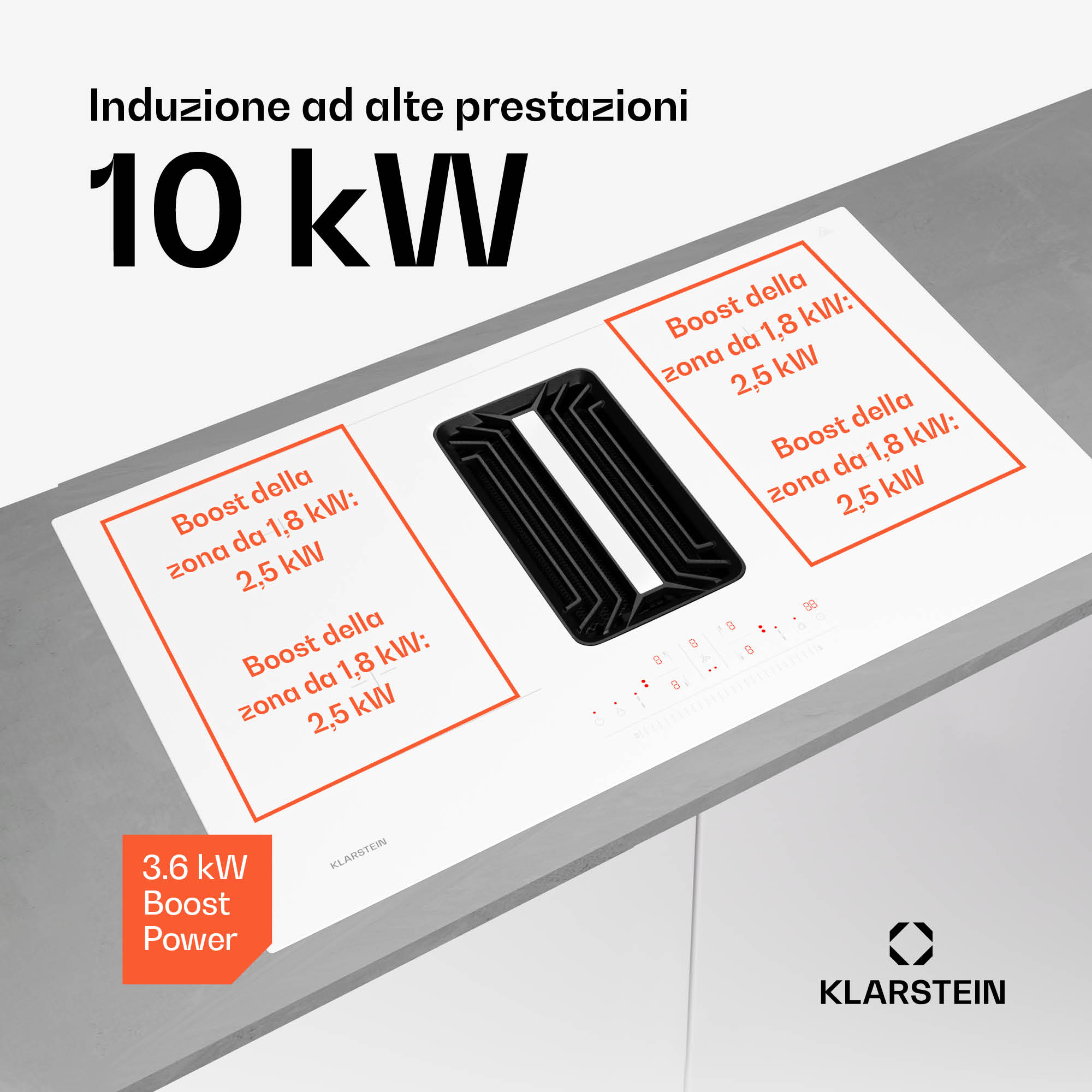 Weißes Klarstein Induktionskochfeld mit integriertem Dunstabzug und Leistungsinformationen.