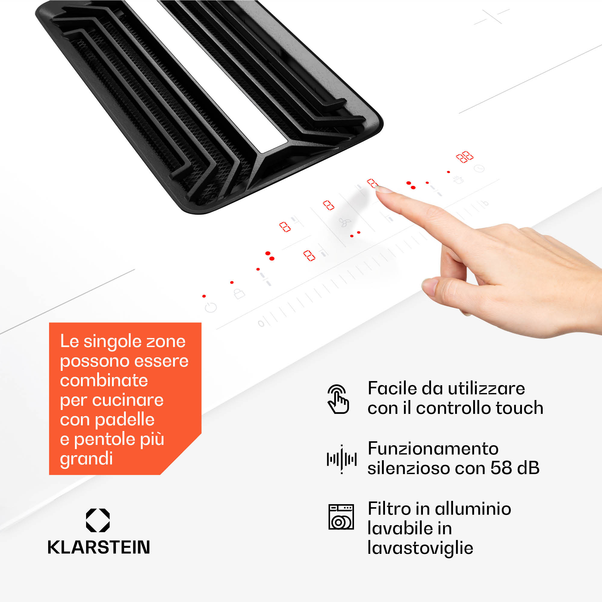 Hand bedient Touch-Bedienfeld auf weißem Klarstein-Induktionskochfeld mit integrierter Dunstabzugshaube.
