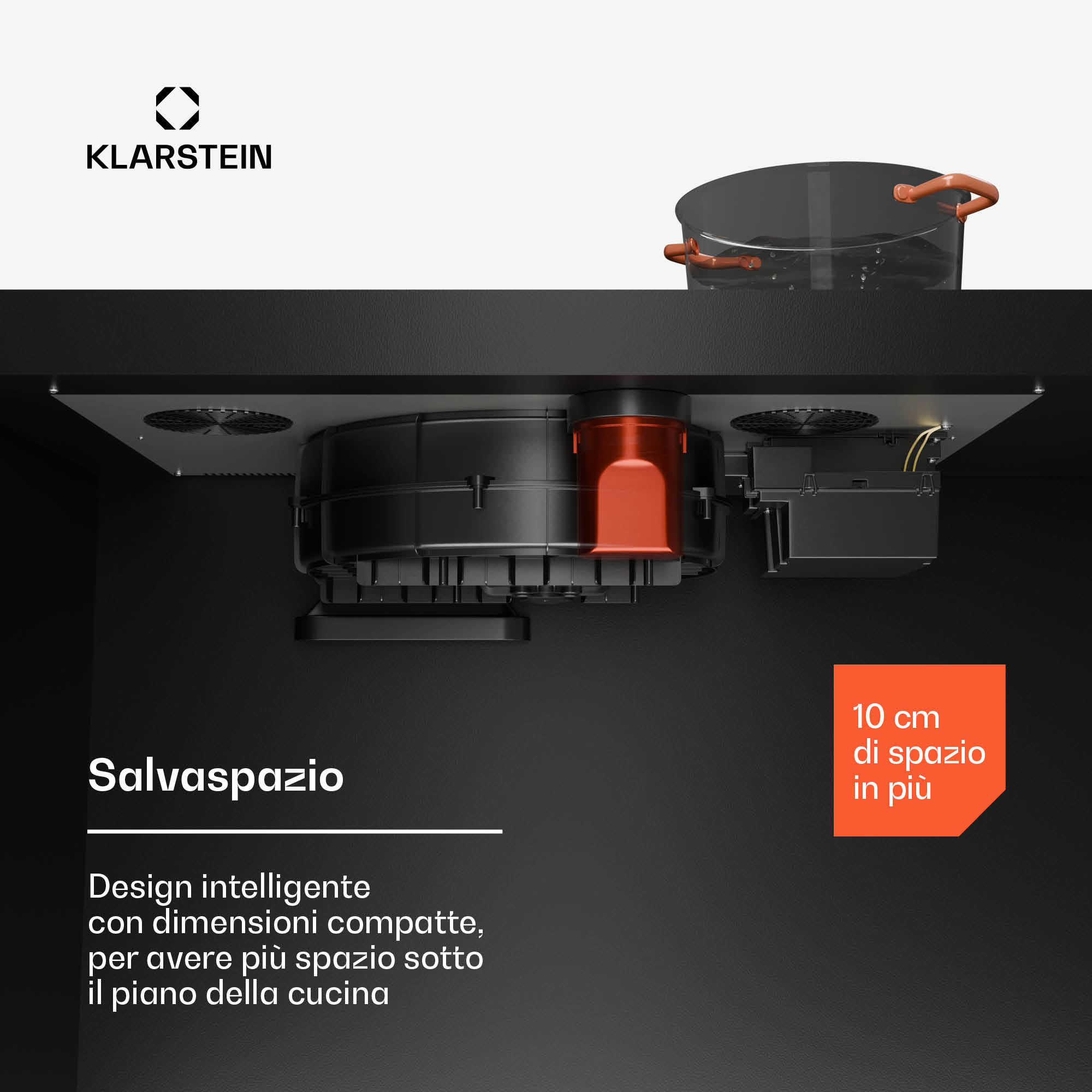 Querschnittansicht des kompakten Motors und Lüftungssystems unter einem Kochfeld.