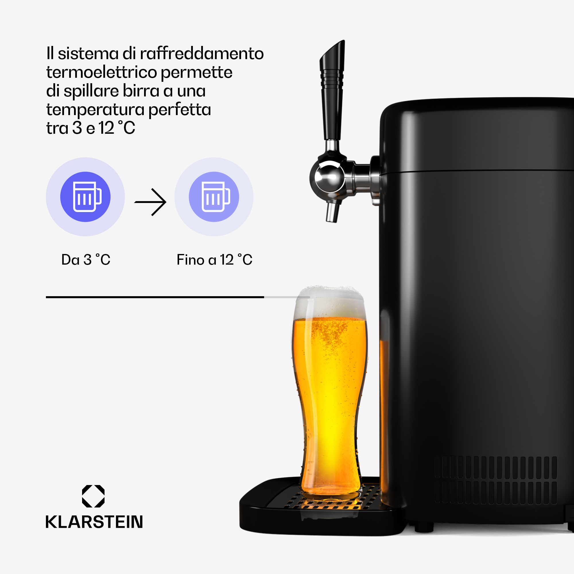 Schwarze Bierzapfanlage mit gefülltem Bierglas, Text in Italienisch und Diagramm zur Kühltemperatur.