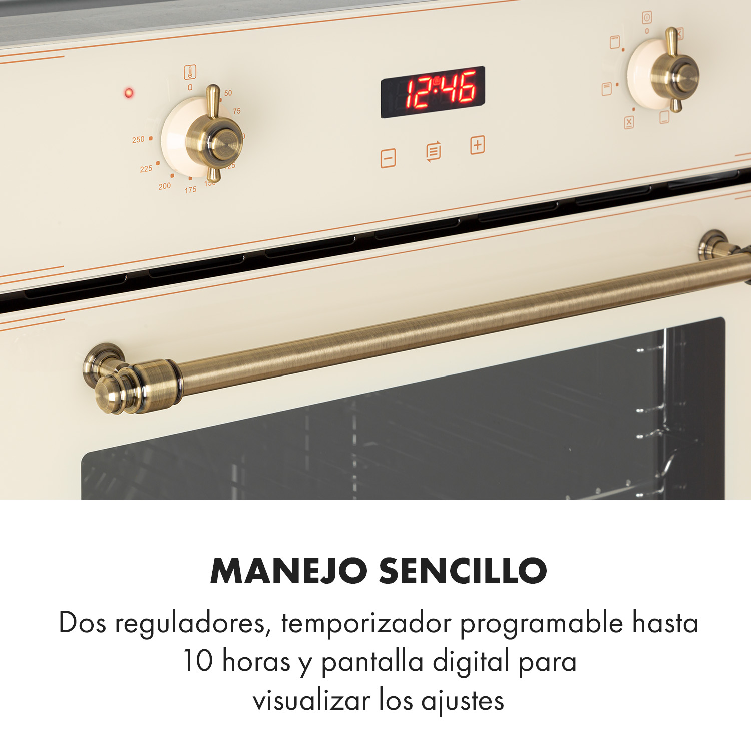Horno crema con mandos de latón, reloj digital y tirador, con texto en español.