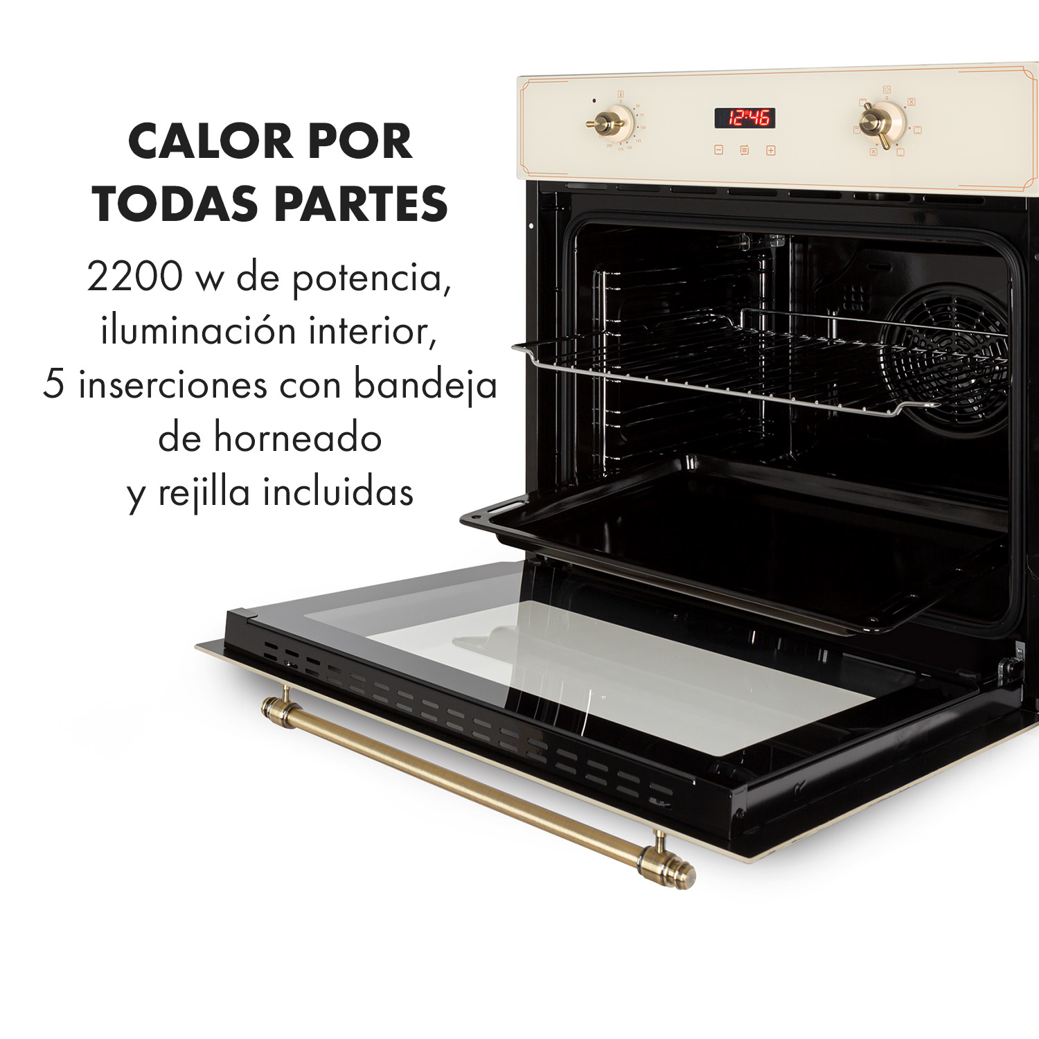 Un horno eléctrico beige y negro con puerta abierta, bandeja, rejilla y texto promocional.