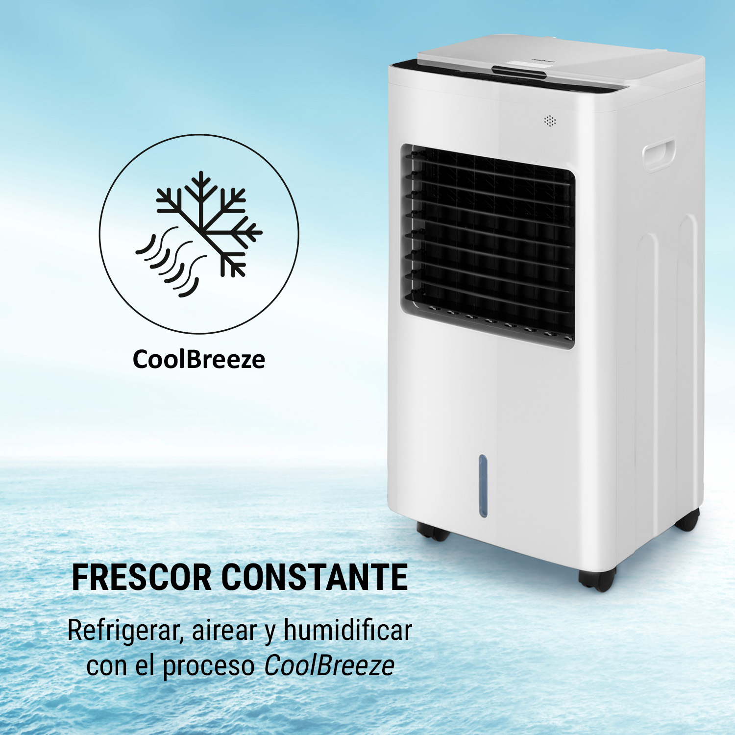 Weißer CoolBreeze Luftkühler auf blauem Hintergrund mit Symbol für Kühlung.