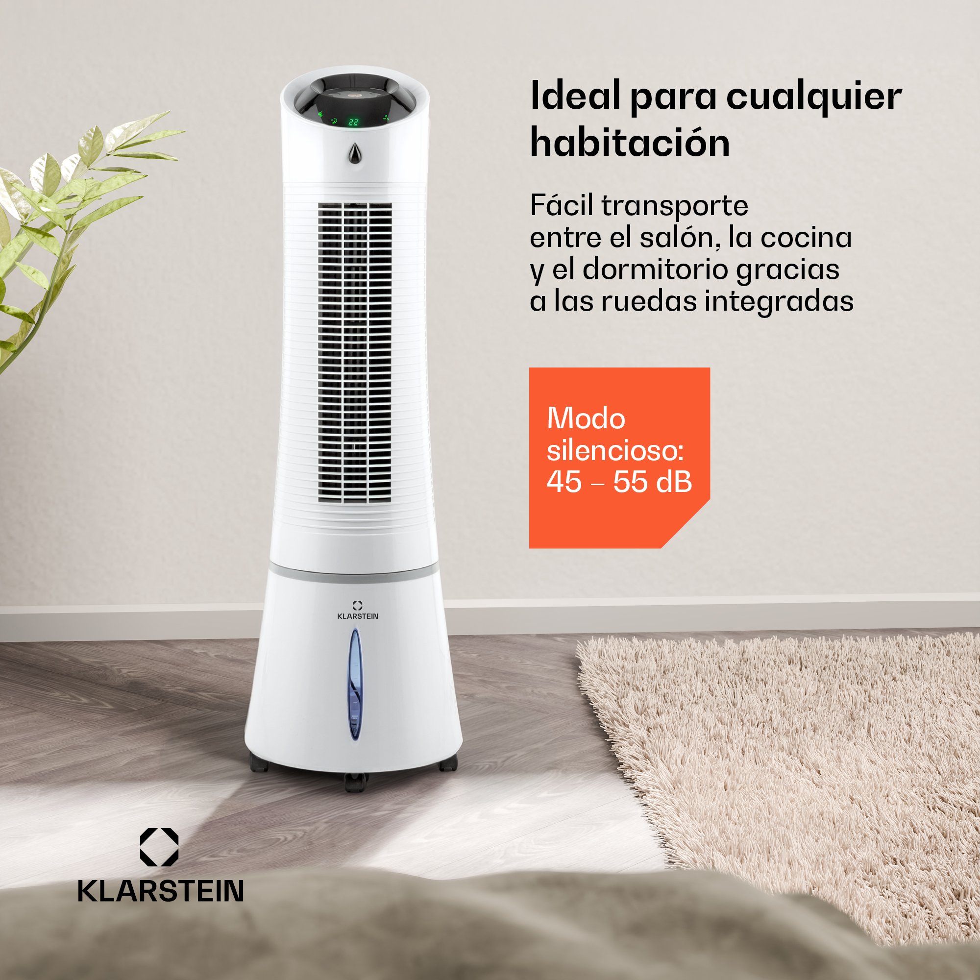 Ein weißer Turmventilator mit Wasssertank steht auf einem Holzboden neben einem Teppich.