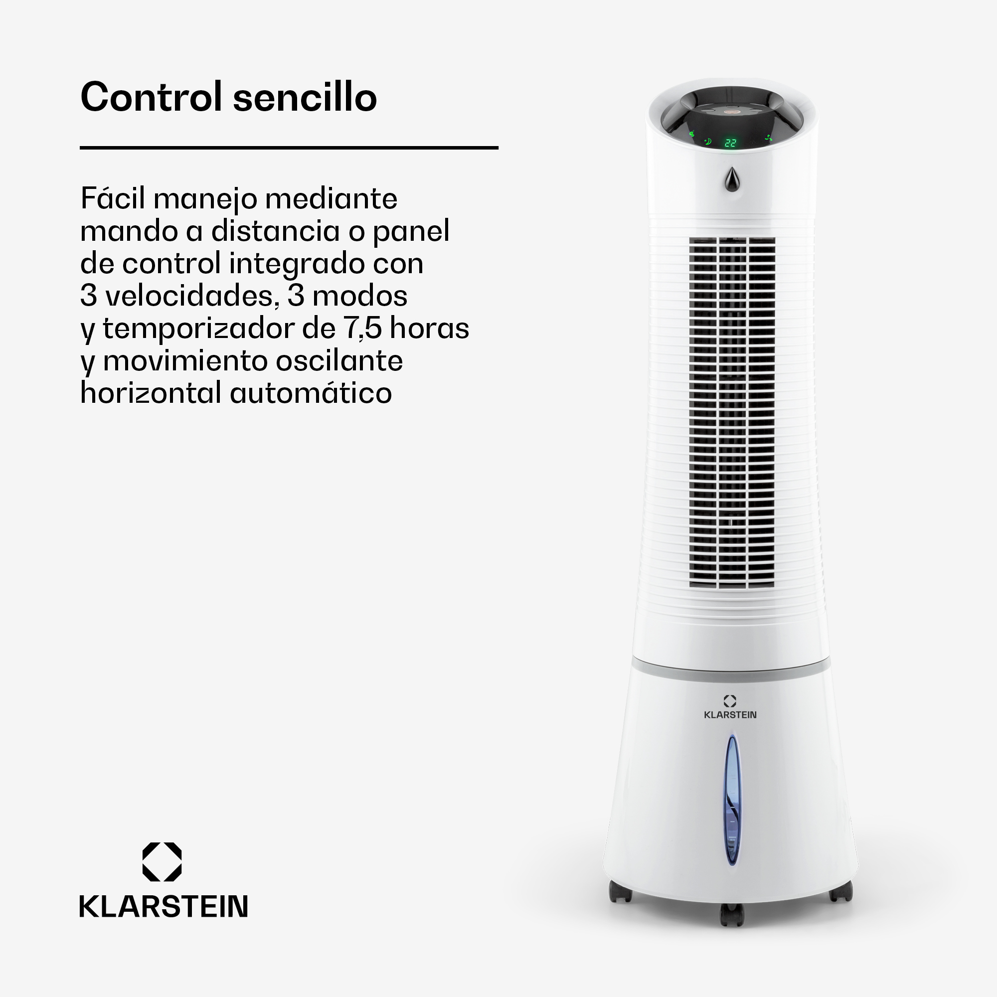 Ein weißer Klarstein Turmventilator mit digitaler Anzeige und Kontrolltext links.