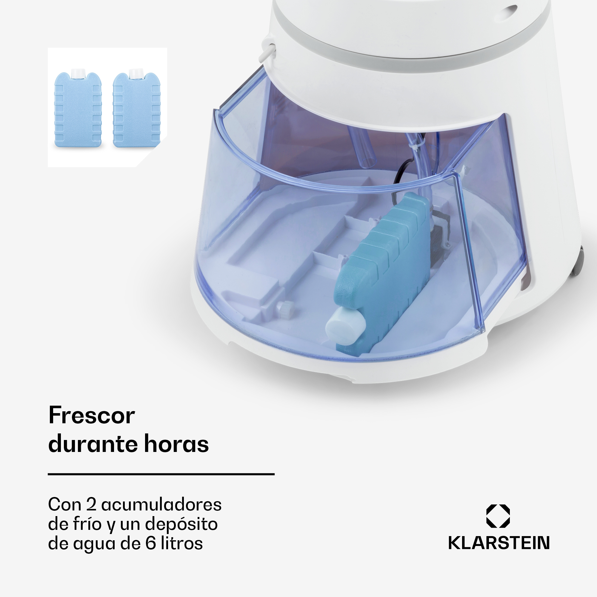 Weißer Luftkühler mit transparentem Wassertank, blauen Kühlakkus und Klarstein-Logo.