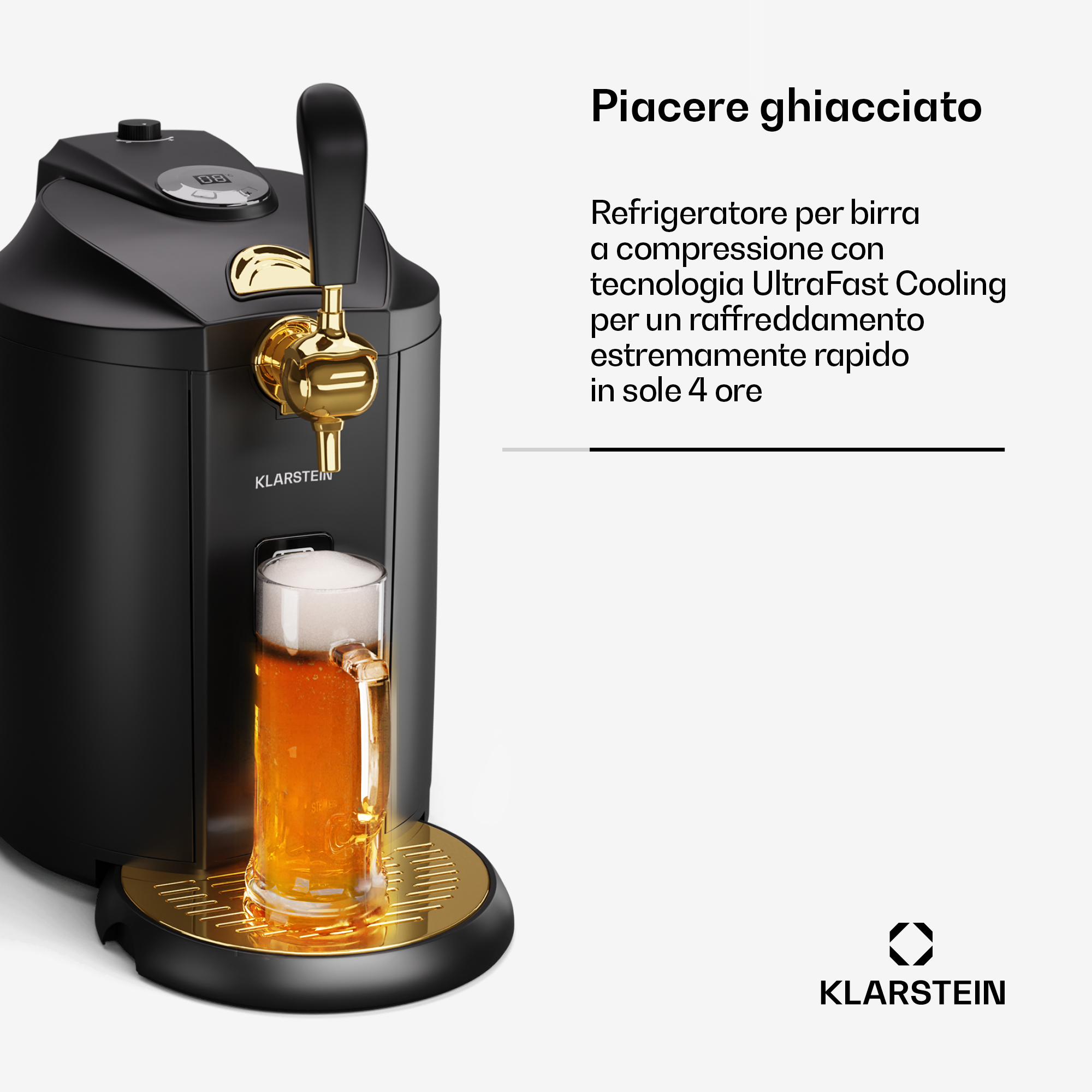 Schwarzer Bierkühler mit goldenem Hahn und gefülltem Glas.