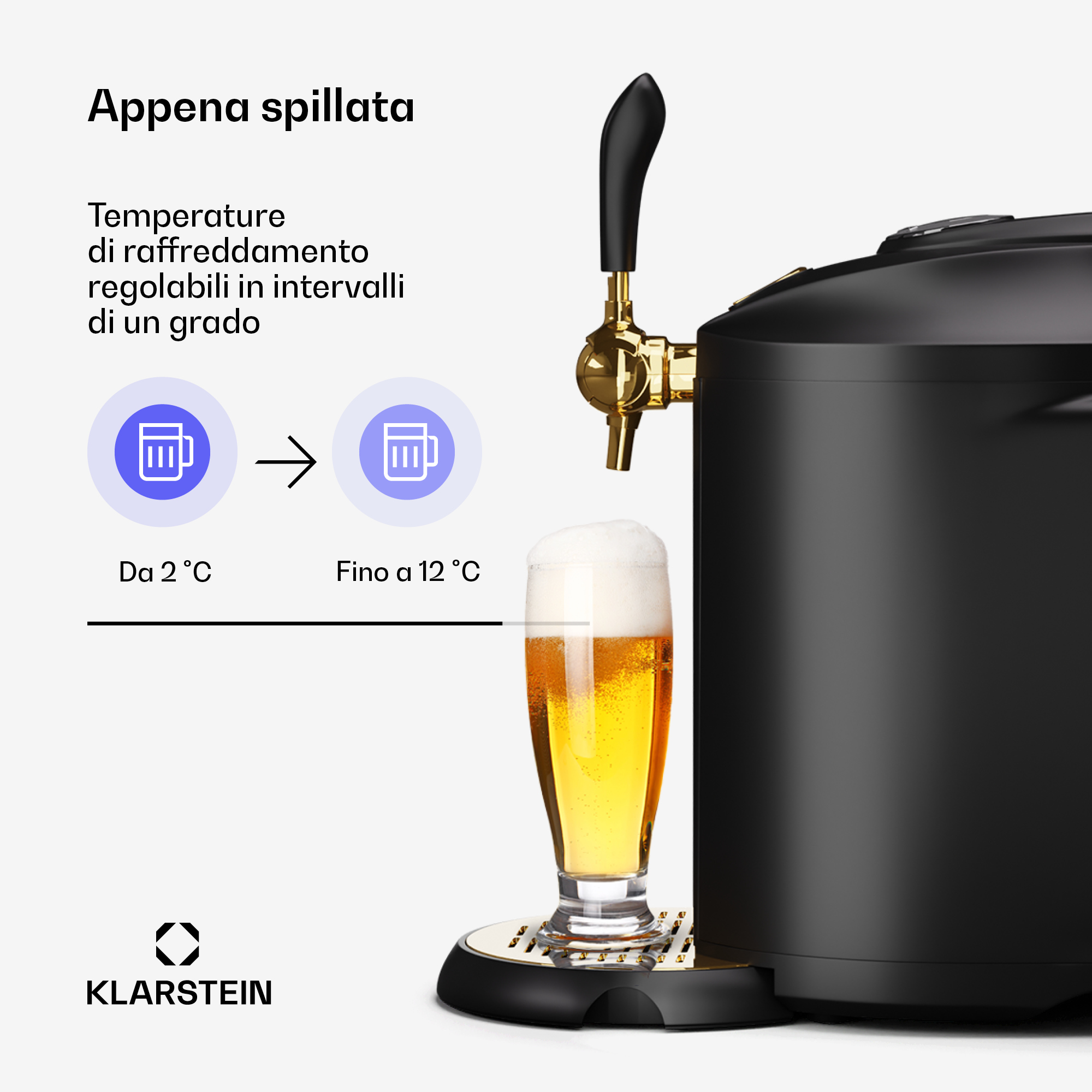 Schwarzer Klarstein Bierzapfer mit goldener Armatur und gefülltem Glas.