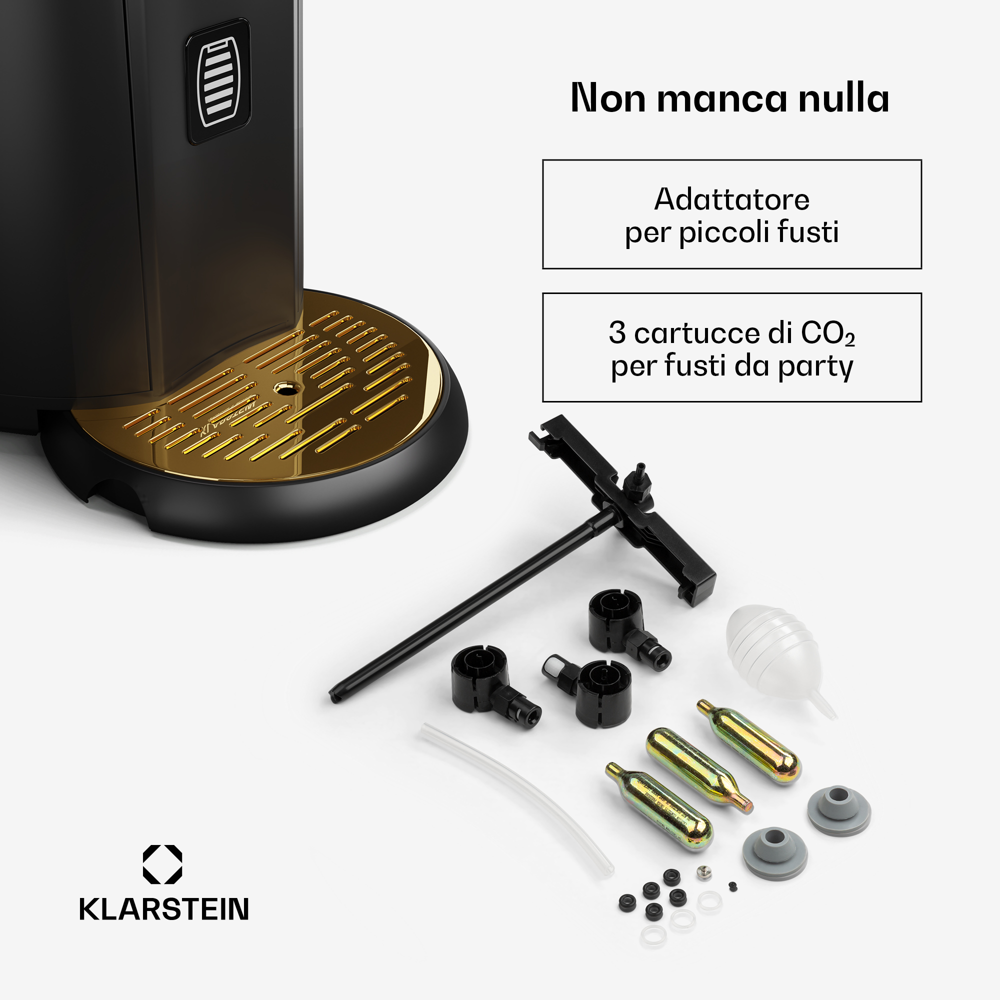 Klarstein-Bierzapfanlage mit Zubehör wie CO2-Kartuschen, Adaptern und Schläuchen auf weißem Grund.