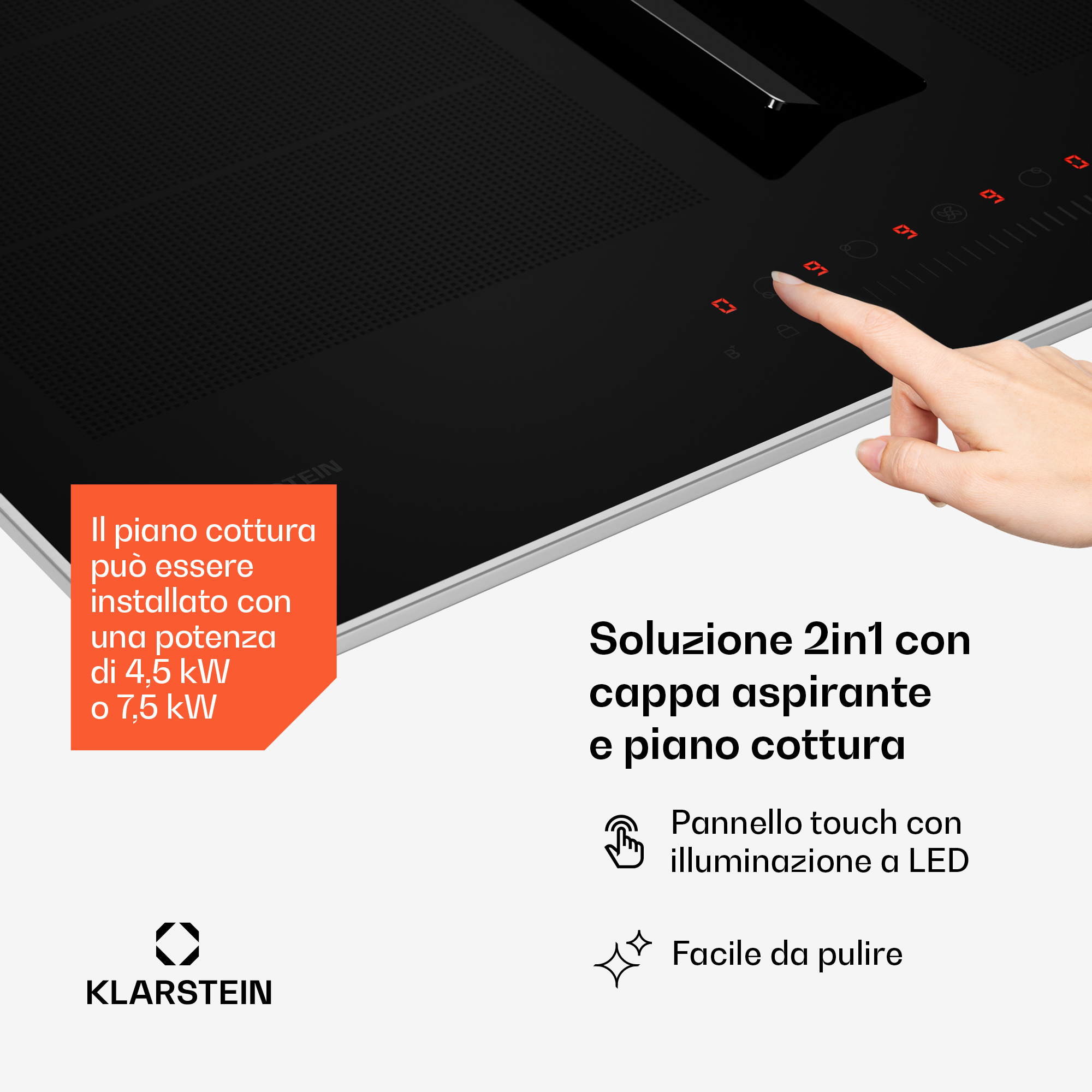 Hand bedient ein schwarzes Induktionskochfeld mit integrierter Dunstabzugshaube, Touch-LED und Klarstein-Logo.