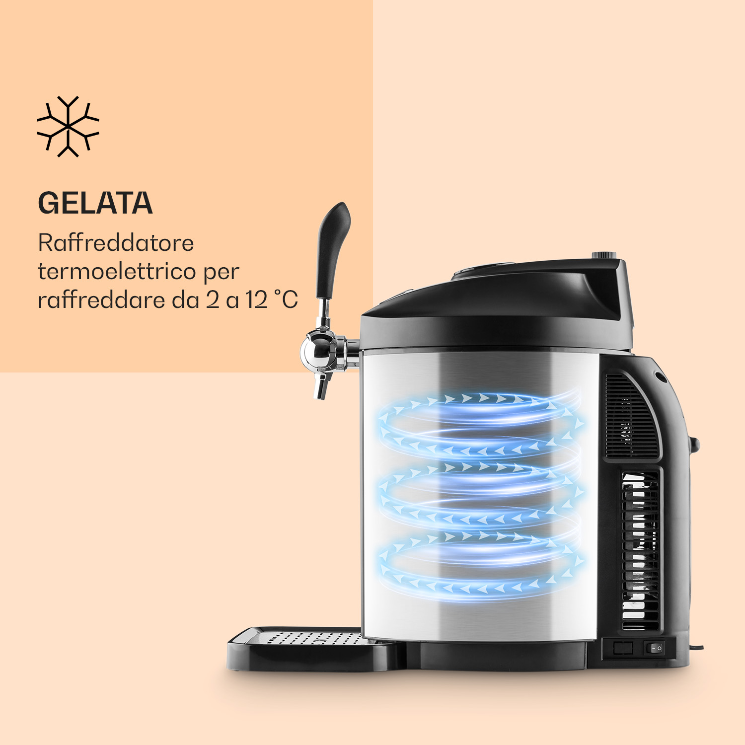 Ein thermoelektrischer Bierzapfhahn mit Stahlgehäuse und leuchtend blauen Kühlringen.