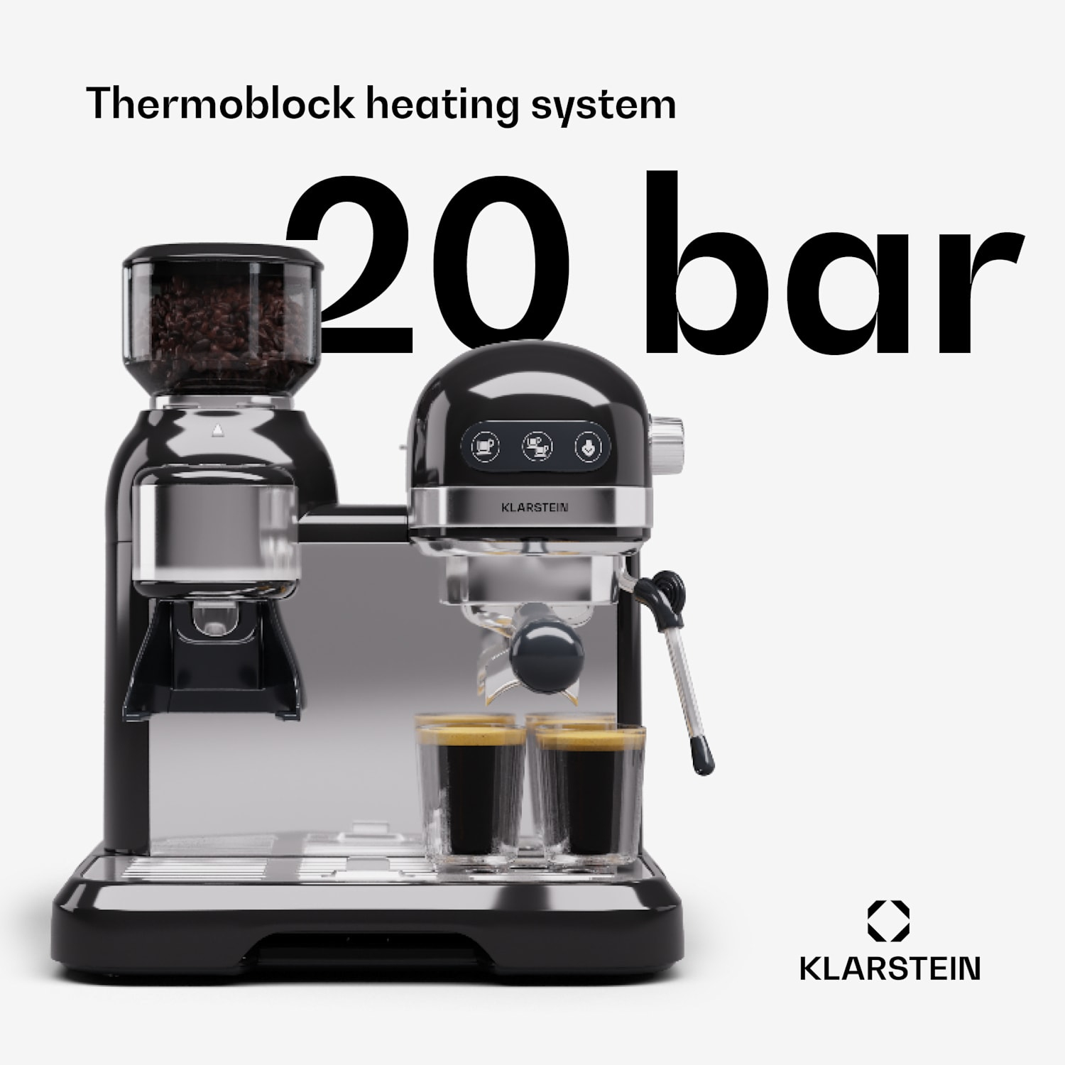 Una macchina da caffè espresso Klarstein nera con macinacaffè integrato e due tazzine.