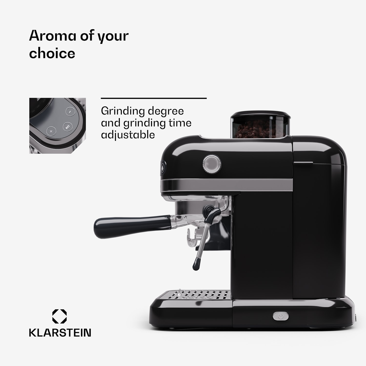 Macchina da caffè espresso nera Klarstein con macinacaffè integrato e grado di macinatura regolabile.