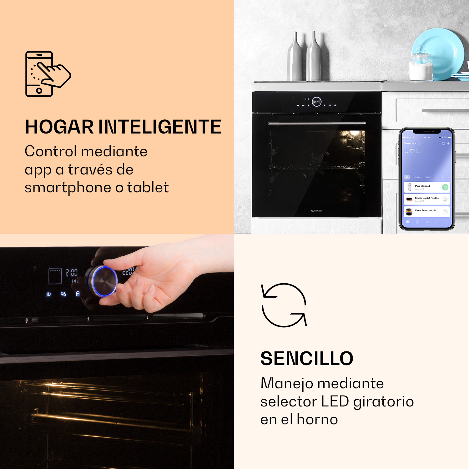Imagen de cuatro partes muestra control inteligente de horno por app y selector giratorio en cocina.