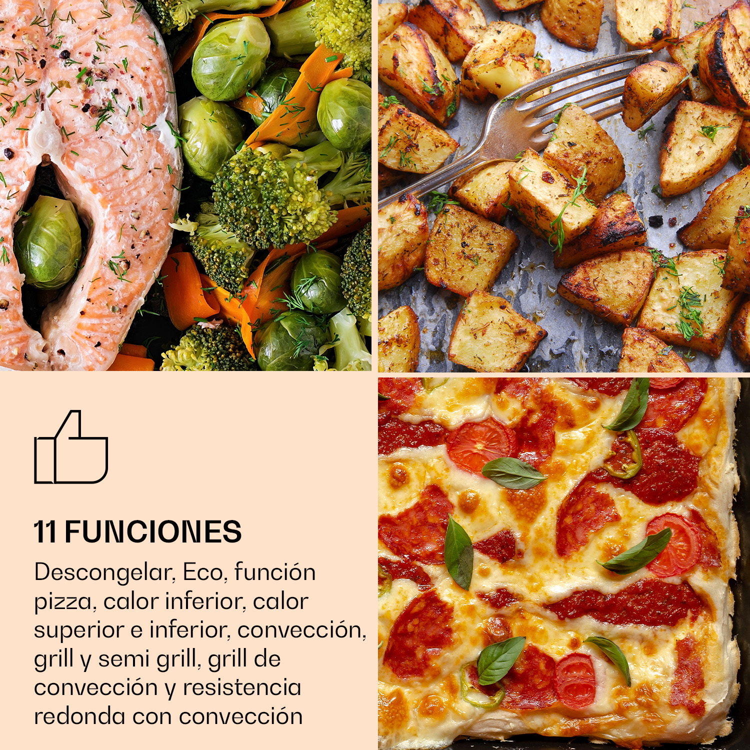 Collage con salmón, patatas asadas, pizza al horno y texto sobre 11 funciones.