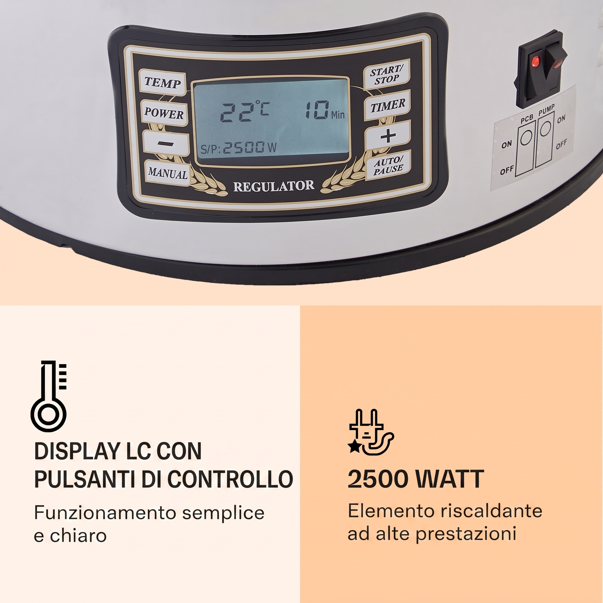 LCD-Display mit Tasten und 2500 Watt Leistung.