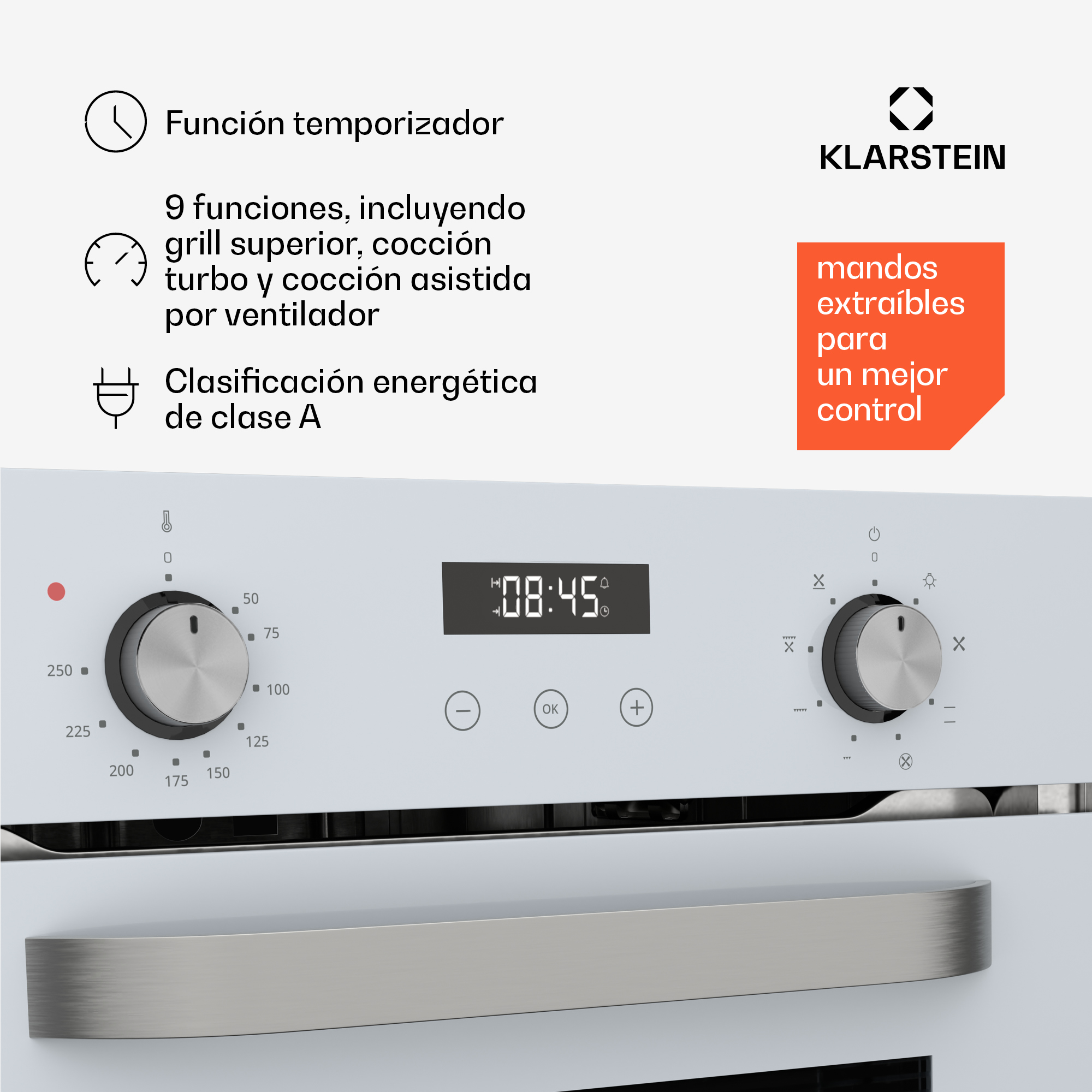 Panel de control de horno Klarstein blanco con dos mandos plateados, reloj digital y texto descriptivo.