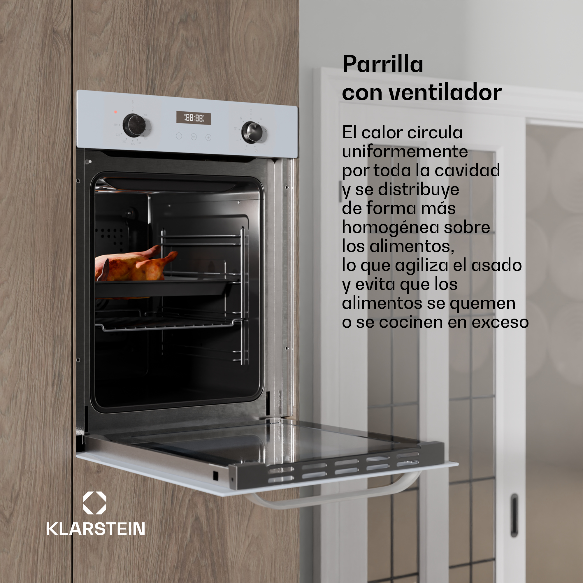 Horno empotrable Klarstein blanco con puerta abierta mostrando un pollo asado dentro, acompañado de texto promocional.