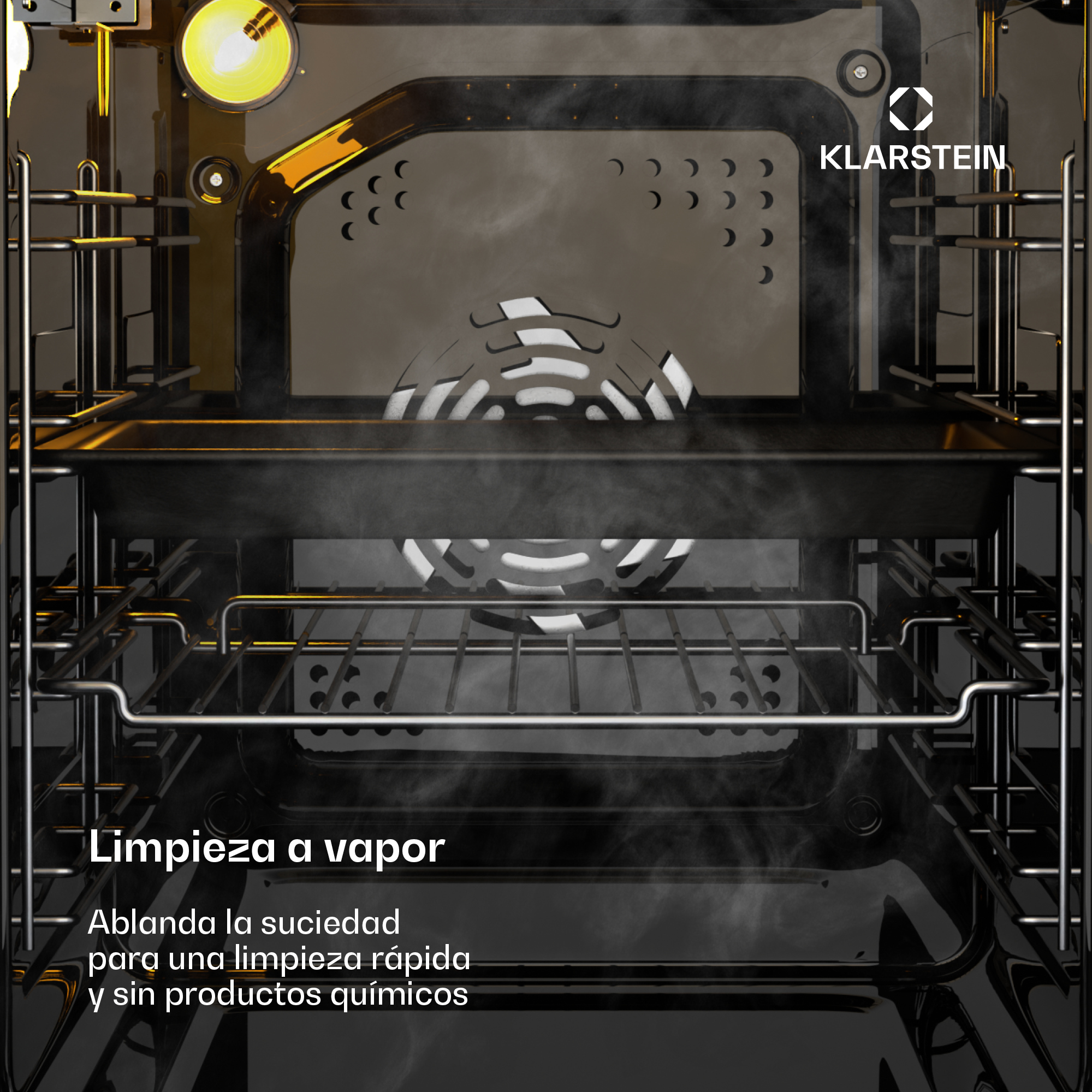 Interior de horno con función de limpieza a vapor y texto en español.