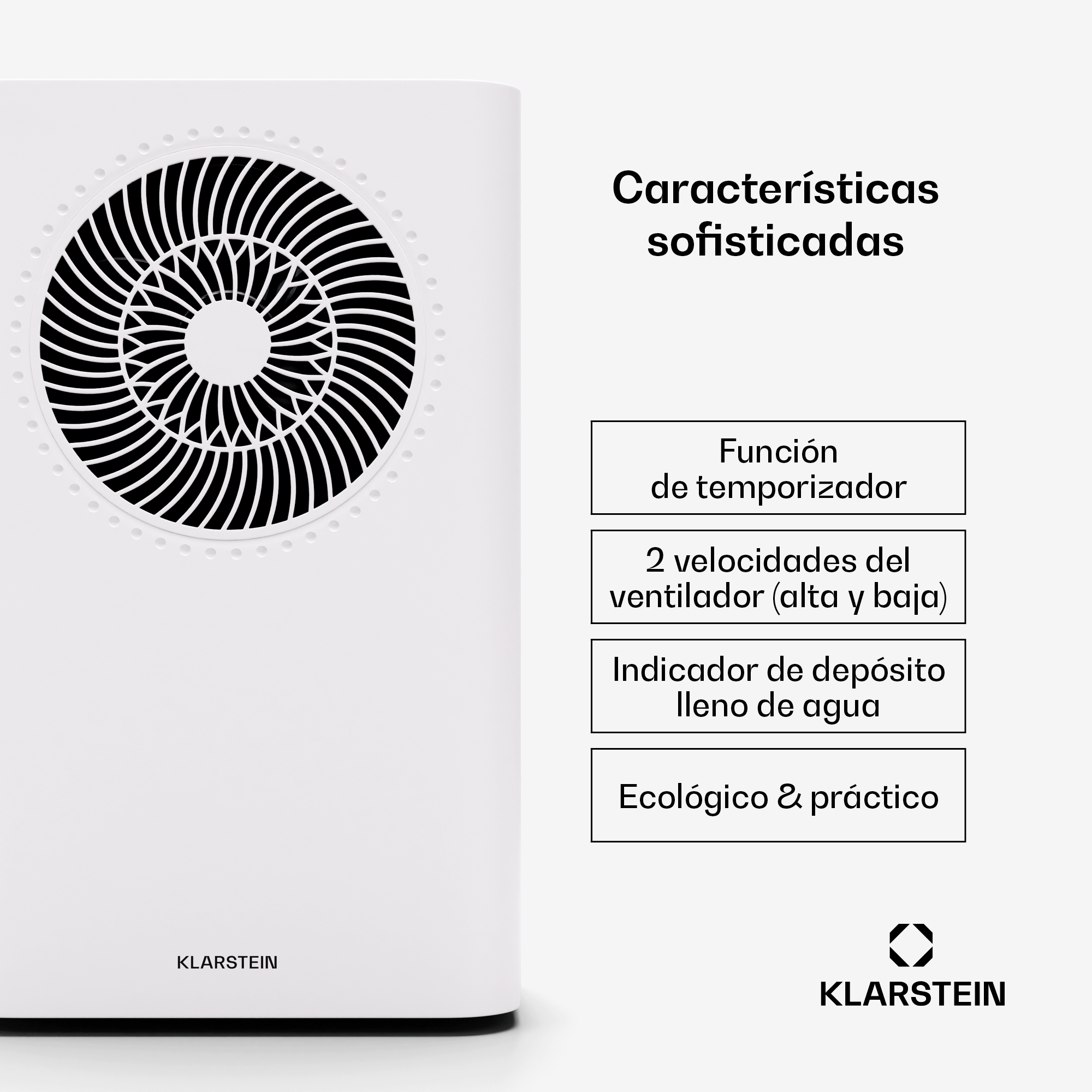 Weißer Klarstein-Luftentfeuchter mit schwarzem Spiralgitter und spanischem Text.