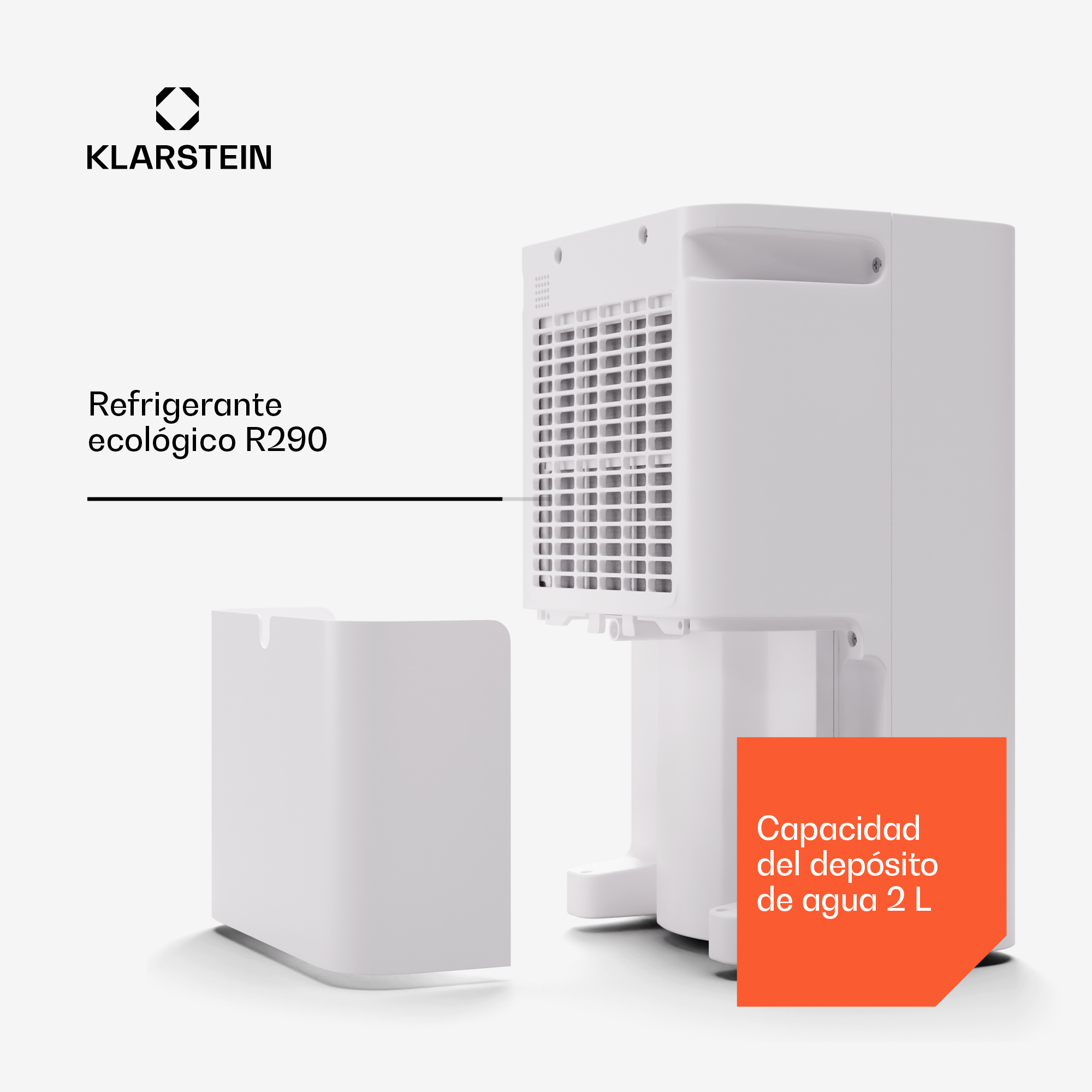 Weißer Klarstein Luftentfeuchter mit abnehmbarem 2L-Wassertank und R290-Kältemittel.