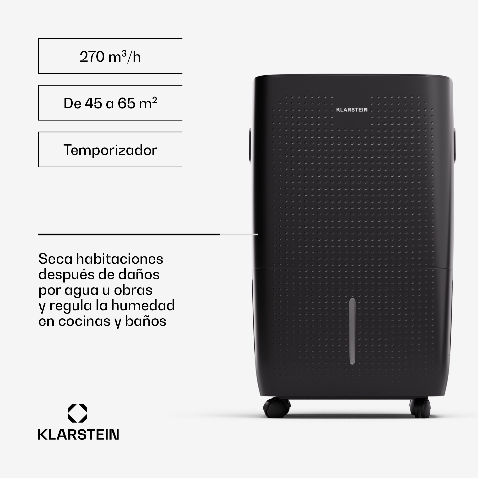 Schwarzer Klarstein Luftentfeuchter auf Rollen mit technischer Beschreibung.