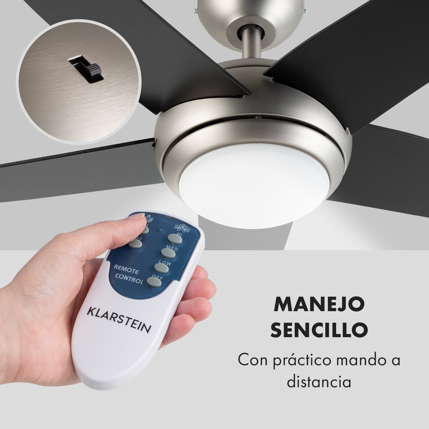 Moderne Deckenventilator mit Fernbedienung in der Hand.