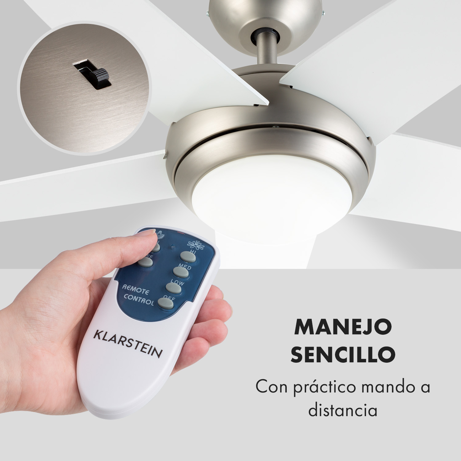 Moderne Deckenventilator mit Beleuchtung und Fernbedienung in der Hand.