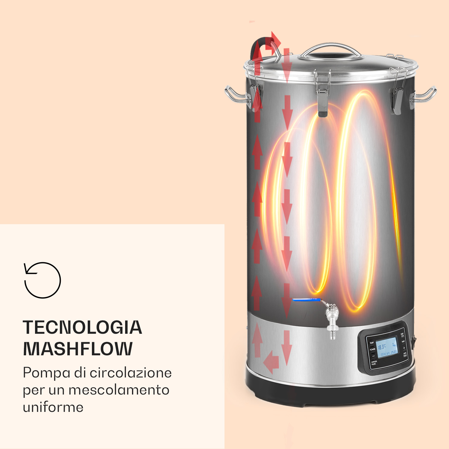 Pentola di mashing in acciaio inox con tecnologia mashflow, display digitale, rubinetto e pompa di circolazione.