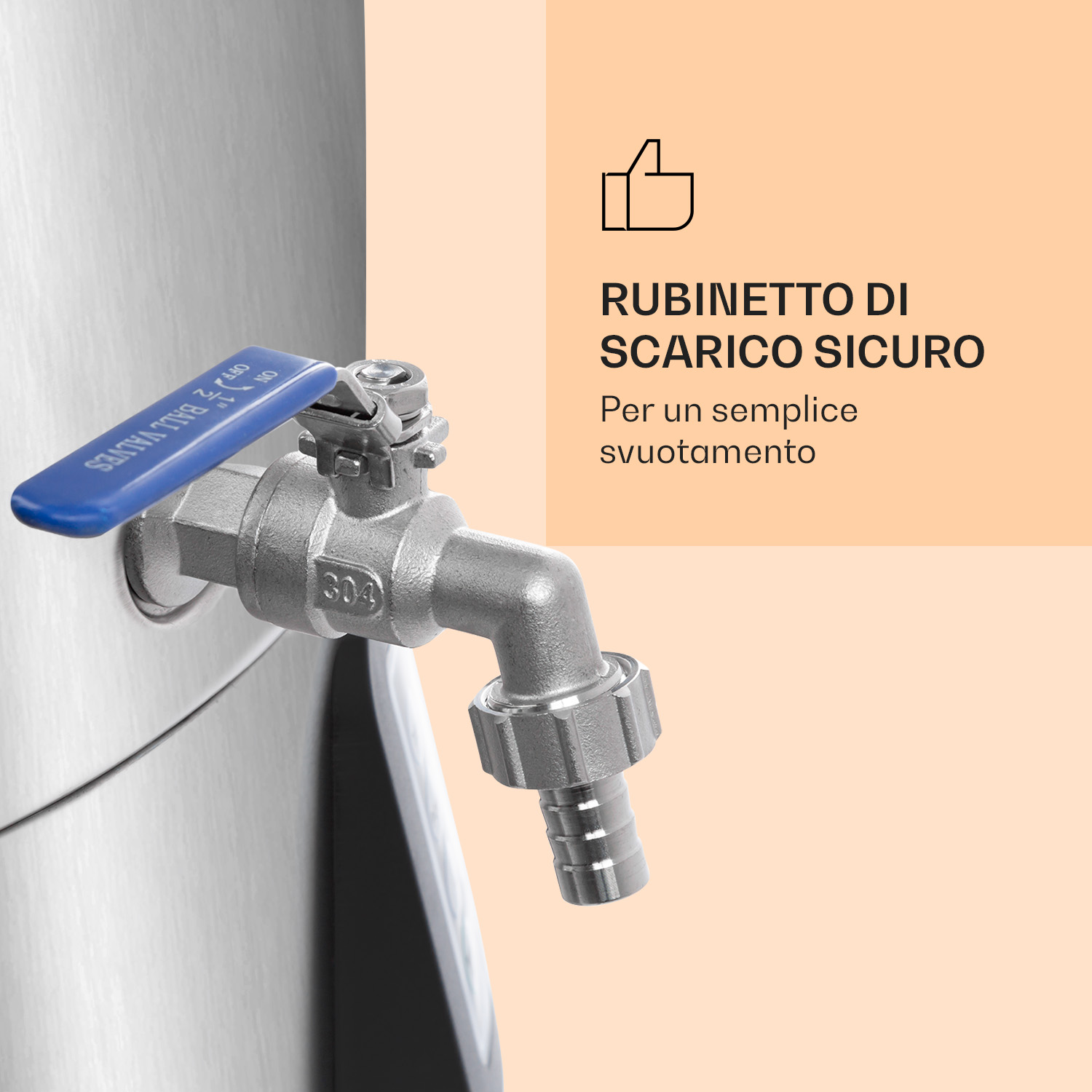 Rubinetto di scarico in acciaio inox con maniglia blu su caldaia, accanto a testo su arancione.