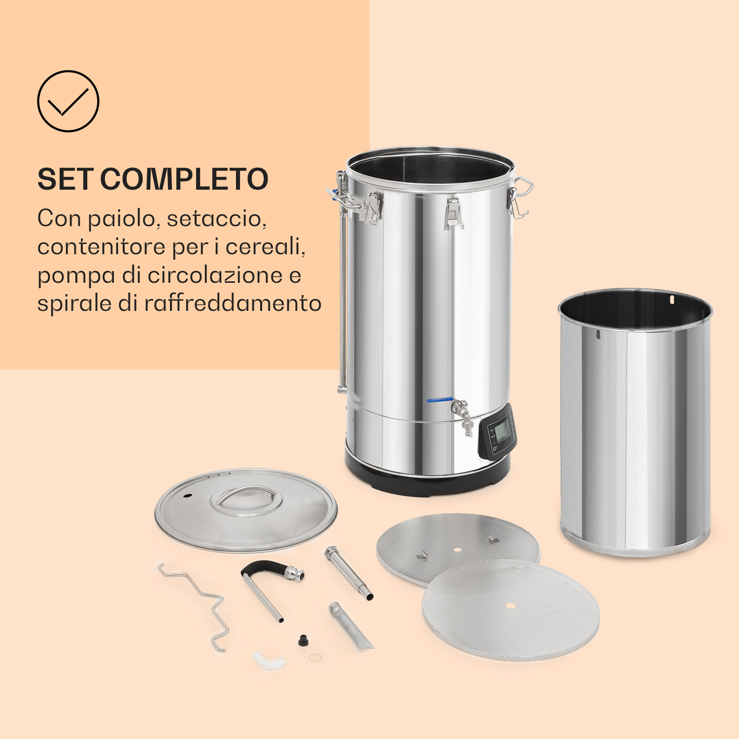 Set di birrificazione in acciaio inox con caldaia, setacci, accessori e testo.