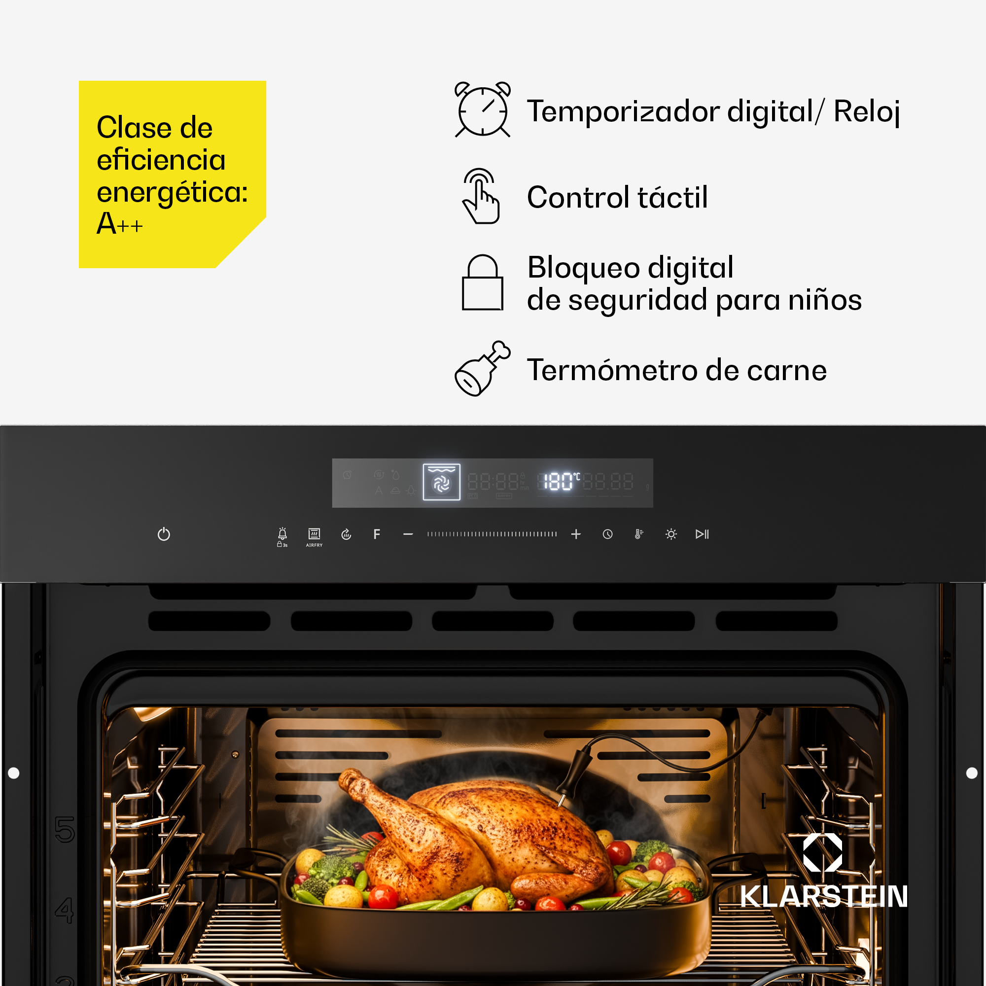 Klarstein Ofen mit integriertem Display, Touch-Steuerung und Bratenthermometer beim Braten eines Hähnchens.