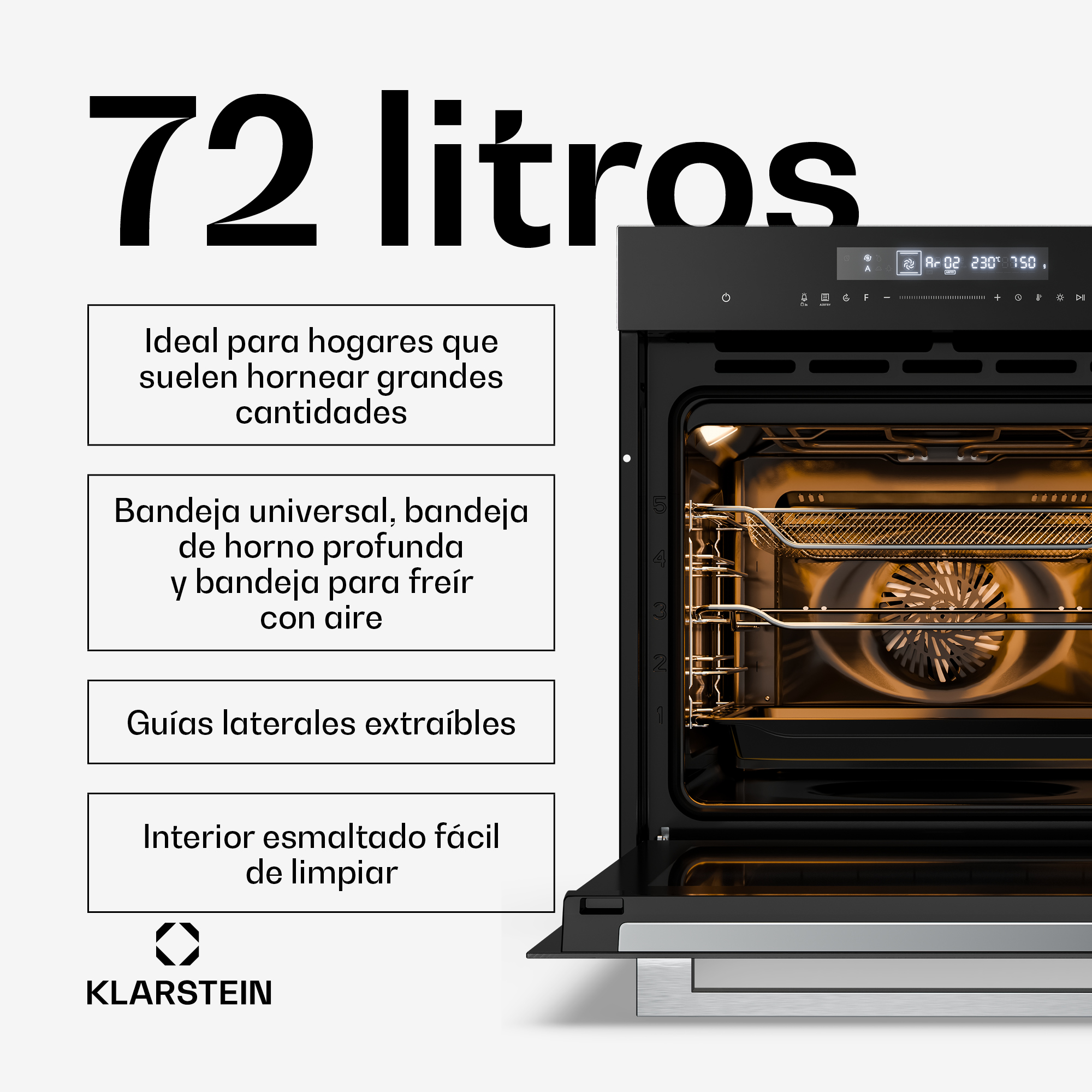 Schwarzer Klarstein Backofen mit 72 Litern Fassungsvermögen und Funktionsübersicht.