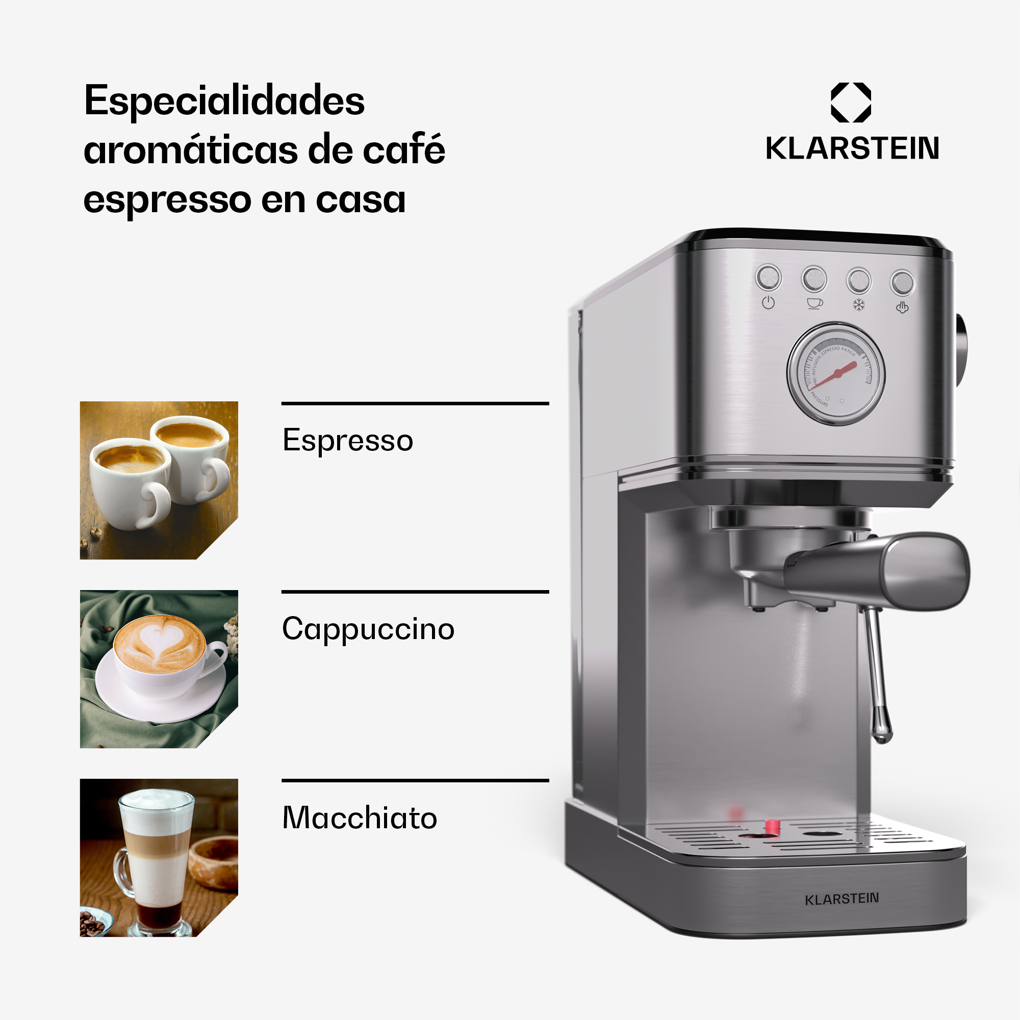 Macchina da caffè Klarstein con testo che pubblicizza espresso, cappuccino e macchiato a sinistra.